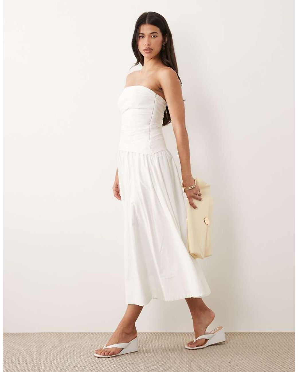 Forever New Natural Cotton Asymmetric Ruched Bandeau Midi Dress