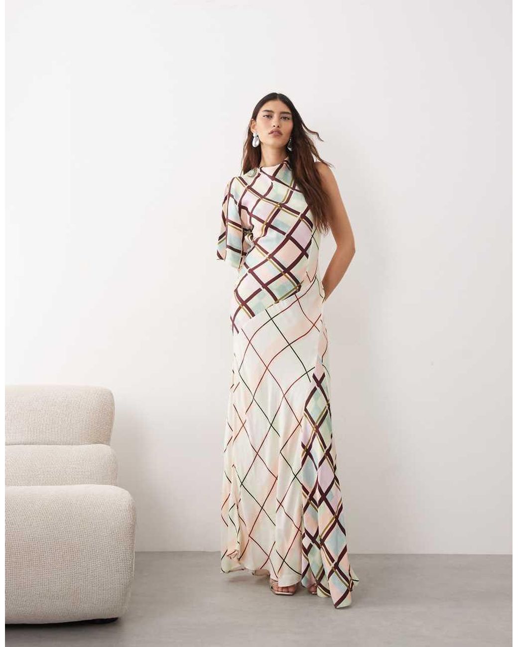 ARRANGE Natural Cowl Neck Asymmetric Maxi Dress