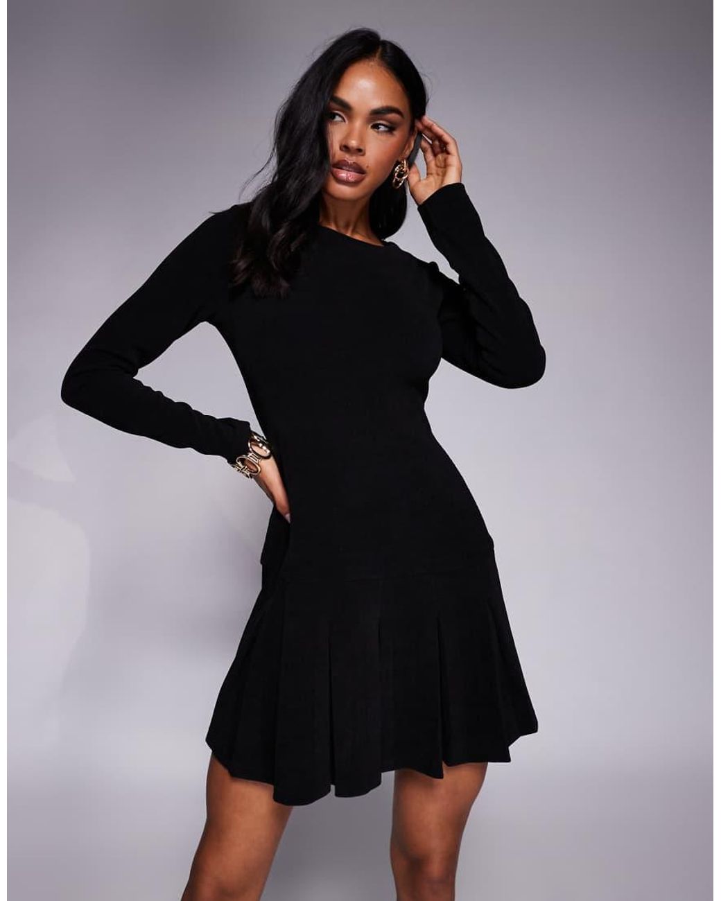 ASOS Black Cord Drop Waist Mini Dress With Pleated Skirt