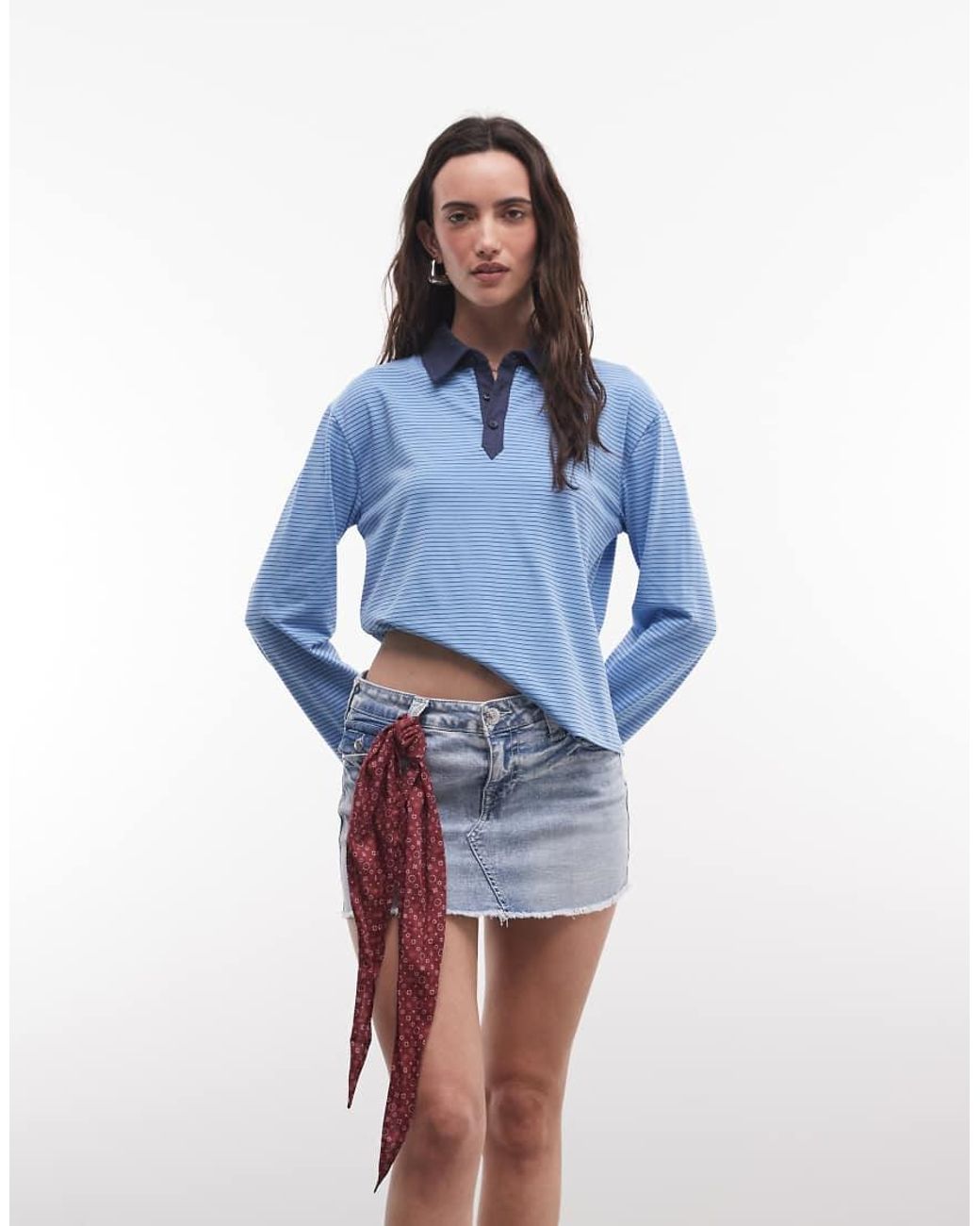 Reclaimed Vintage Blue Striped Fitted Henley Jersey Top