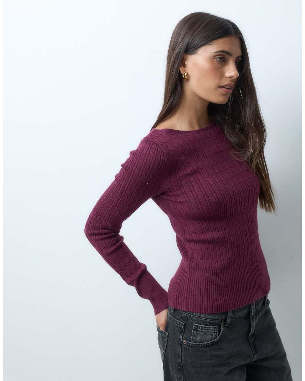 Hollister Purple Fitted Cable Knit Slash Neck Jumper