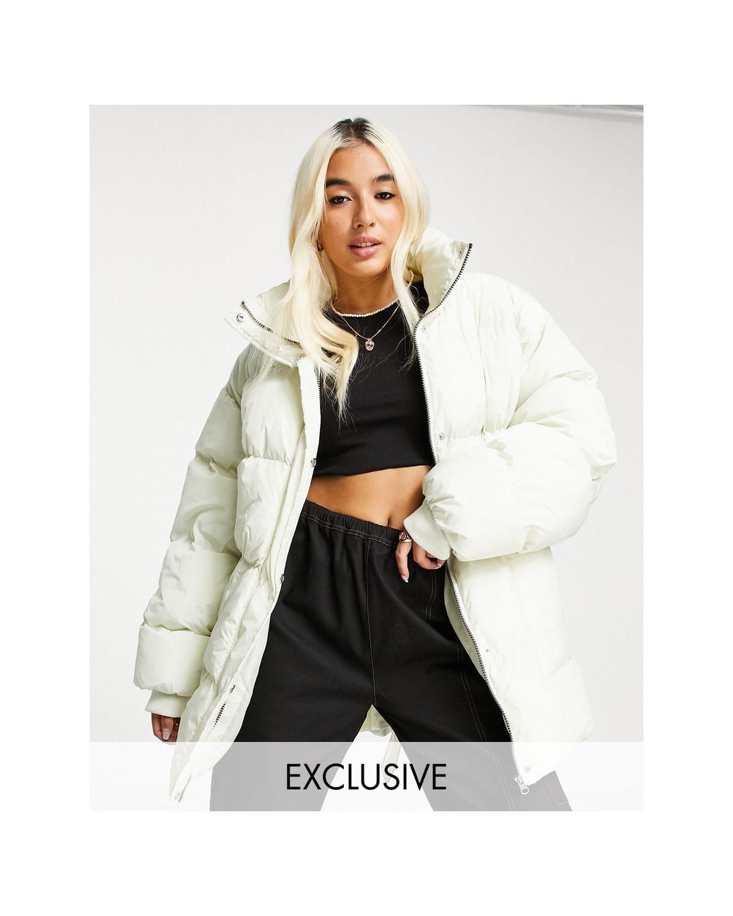 Collusion Belted Puffer Jacket Ecru in White | Lyst