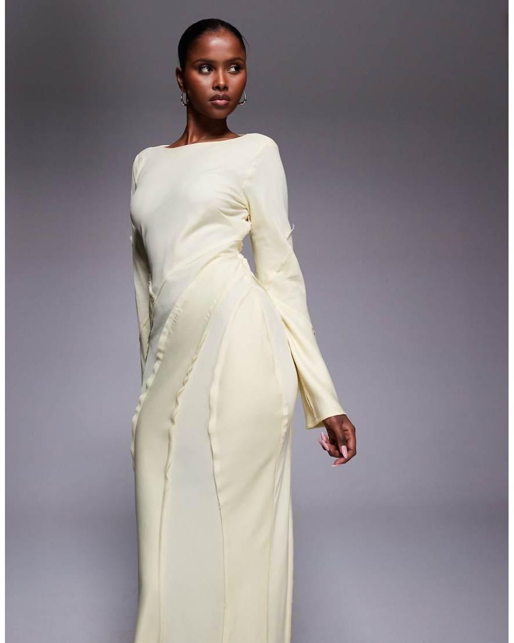 ASOS White Satin Slash Neck Long Sleeve Maxi Dress With Raw Edge Panel Detail