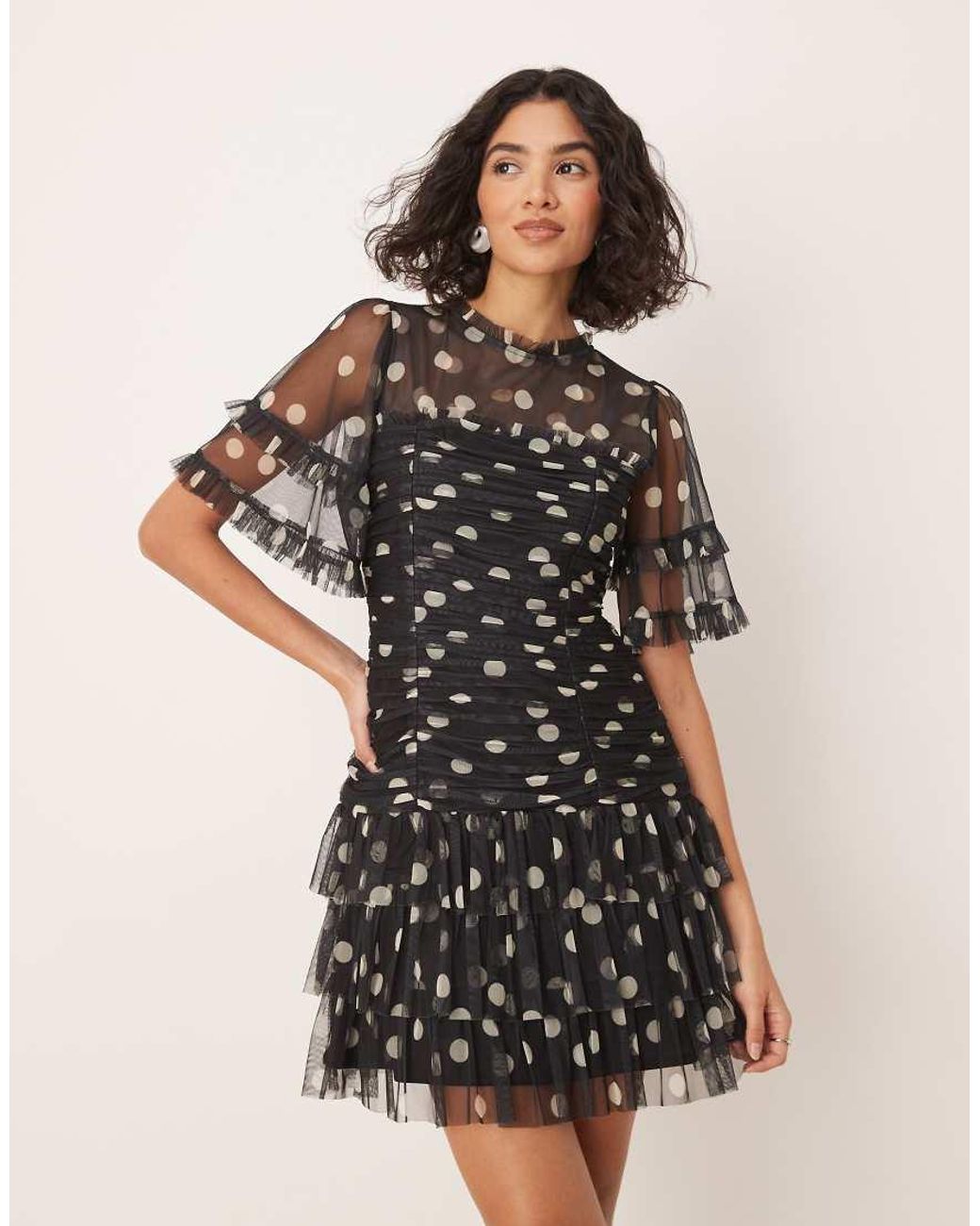 ANAYA Polka Dot Gathered Mini Dress in Black | Lyst UK