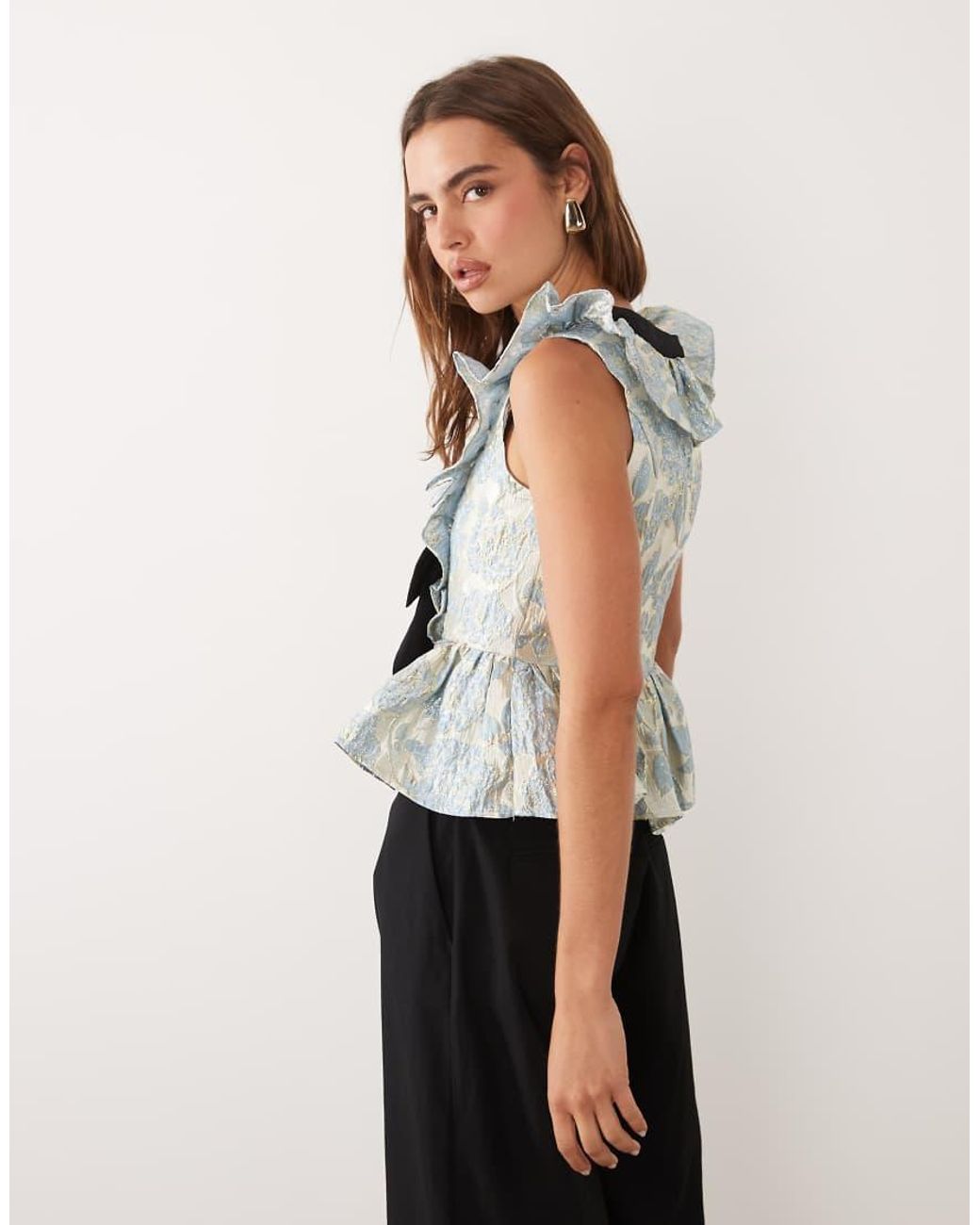 Sister Jane White Dream Bluebell Jacquard V-Neck Peplum Hem Bow Detail Top