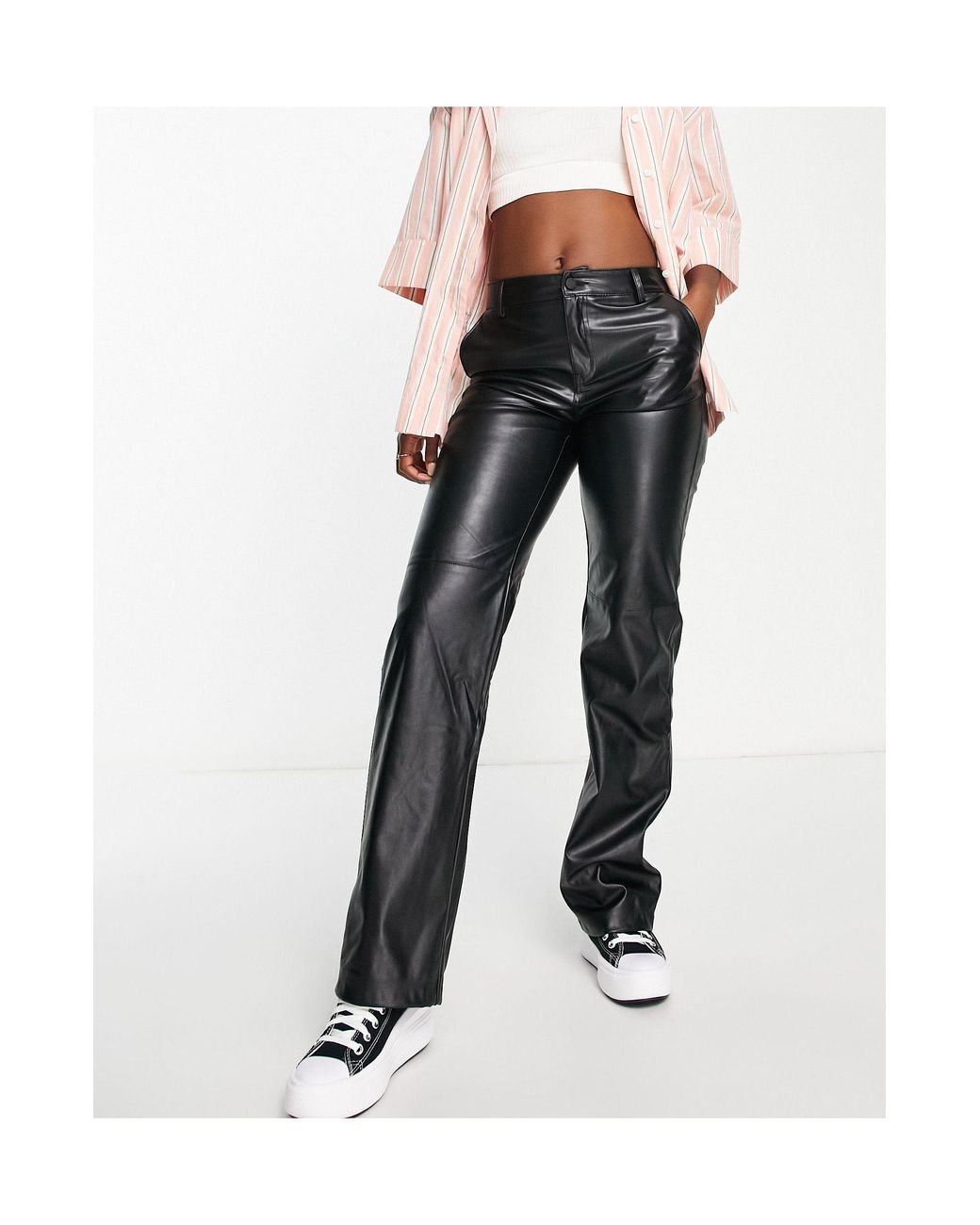 Pull&Bear Straight Leg Faux Leather Pants With Seam Detail in White | Lyst