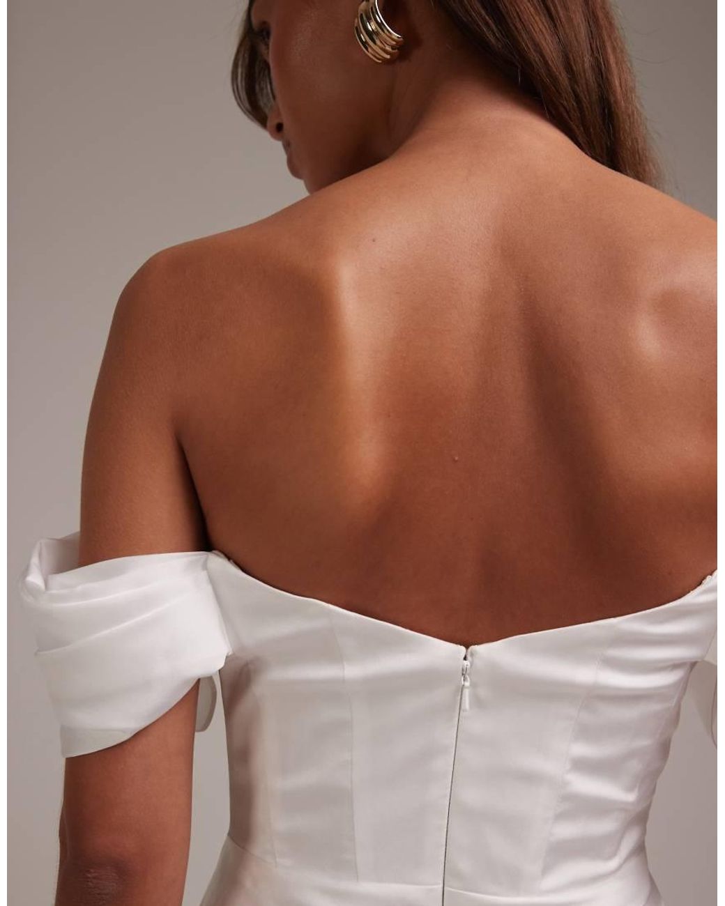 ASOS Brown Bardot Draped Satin Maxi Wedding Dress