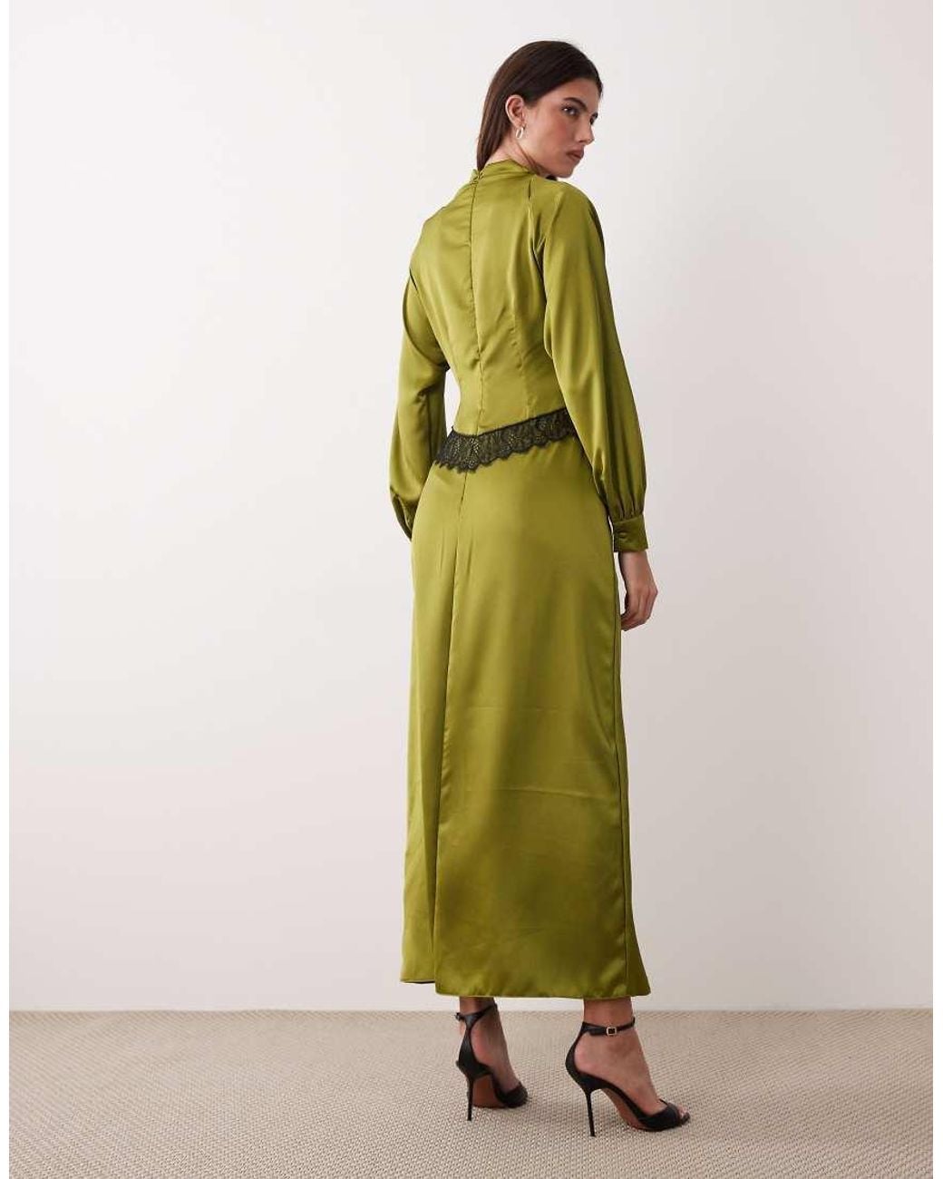 ASOS Green Satin High Neck Lace Detail Maxi Dress