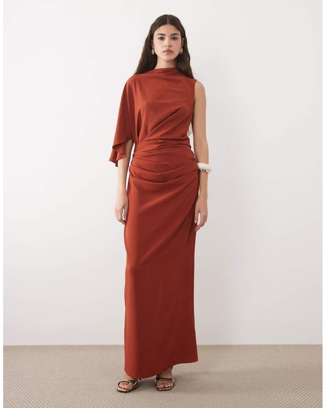 ASOS Brown One Sleeve Maxi Dress With Pleat Waist Detail