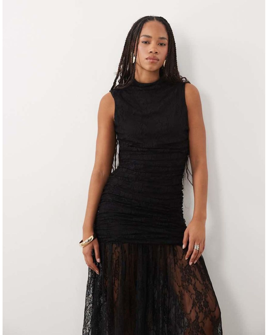 ASOS Black Lace Drop Waist Circle Maxi Dress With Grown