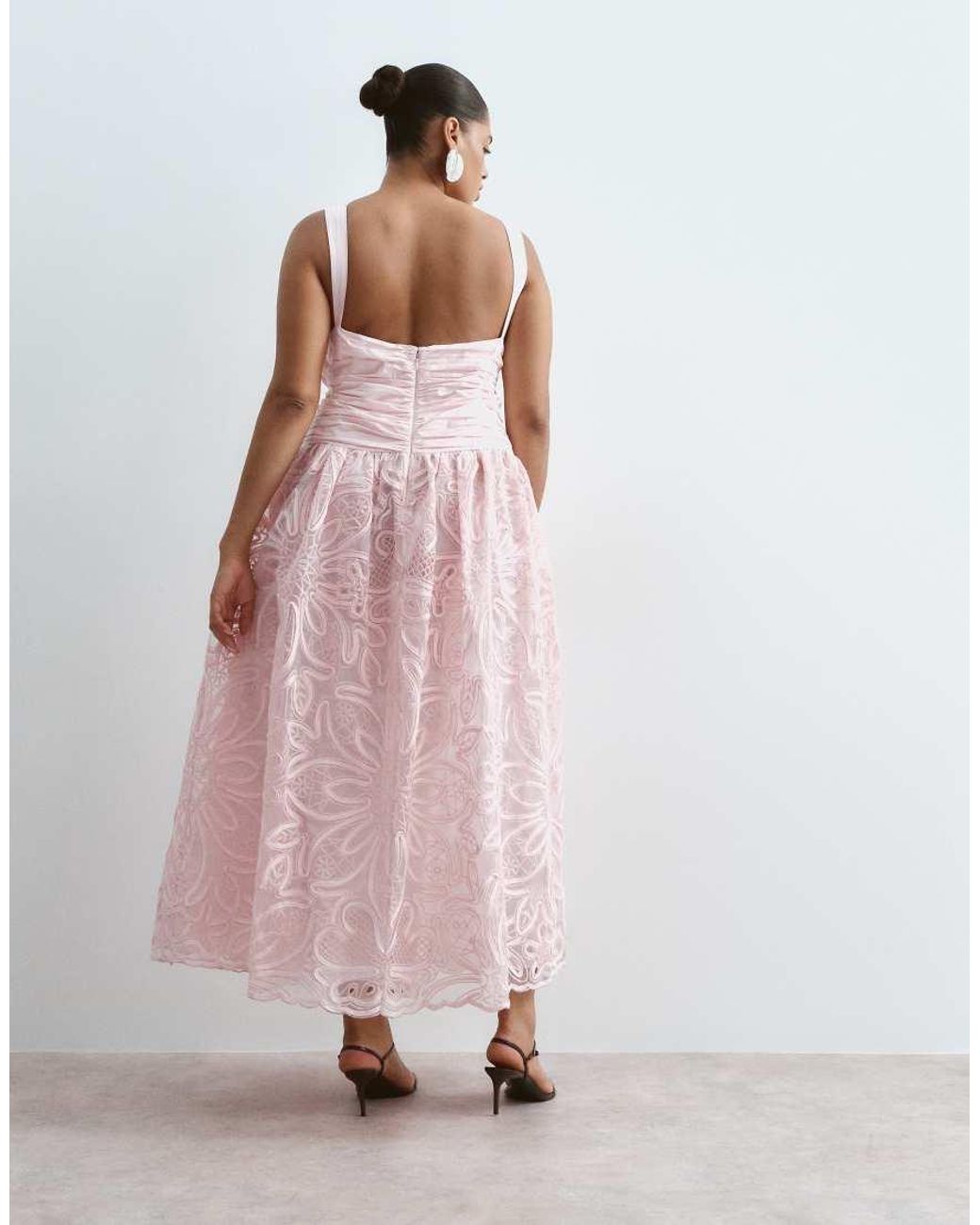 ARRANGE Pink Curve Abstract Cutwork Drop Waist Low Back Maxi Dress