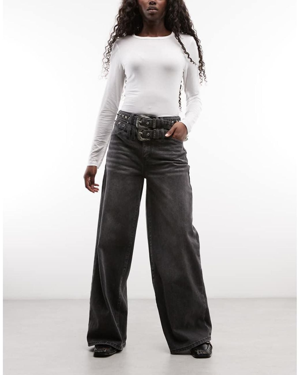 Liquor N Poker White Double Belted Straight Leg Jeans