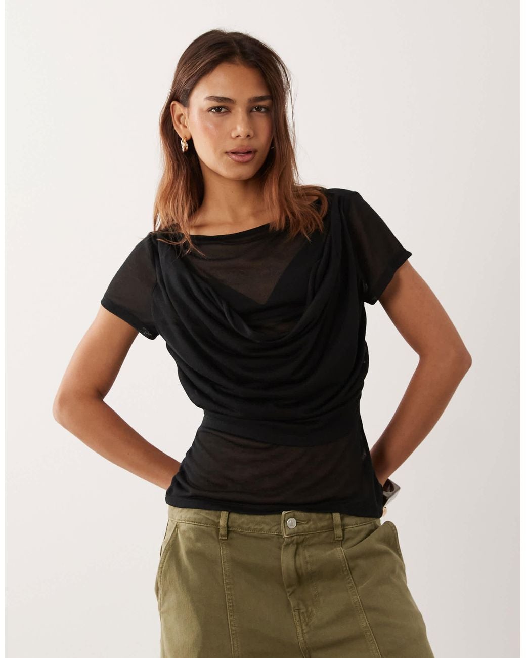ASOS Black Semi Sheer Knit Look Drape Overlay Top