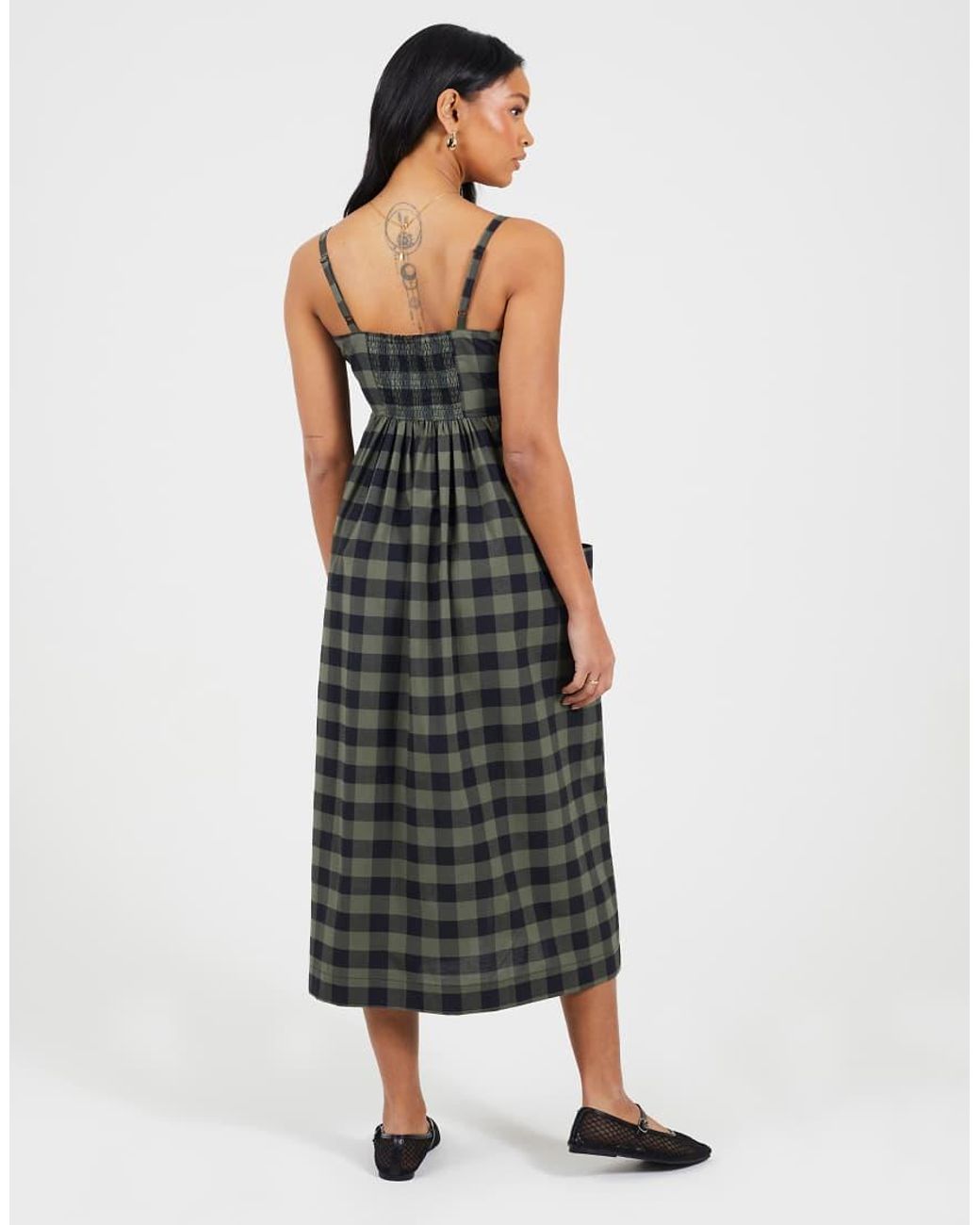 Brave Soul Green Button Down Strappy Plaid Midi Dress With Pockets
