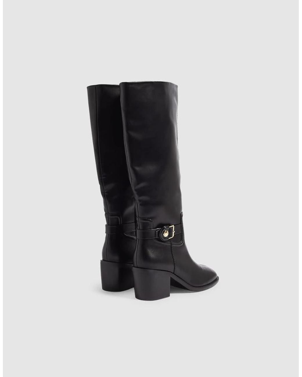 River Island Black Faux Leather Buckle High Leg Boots