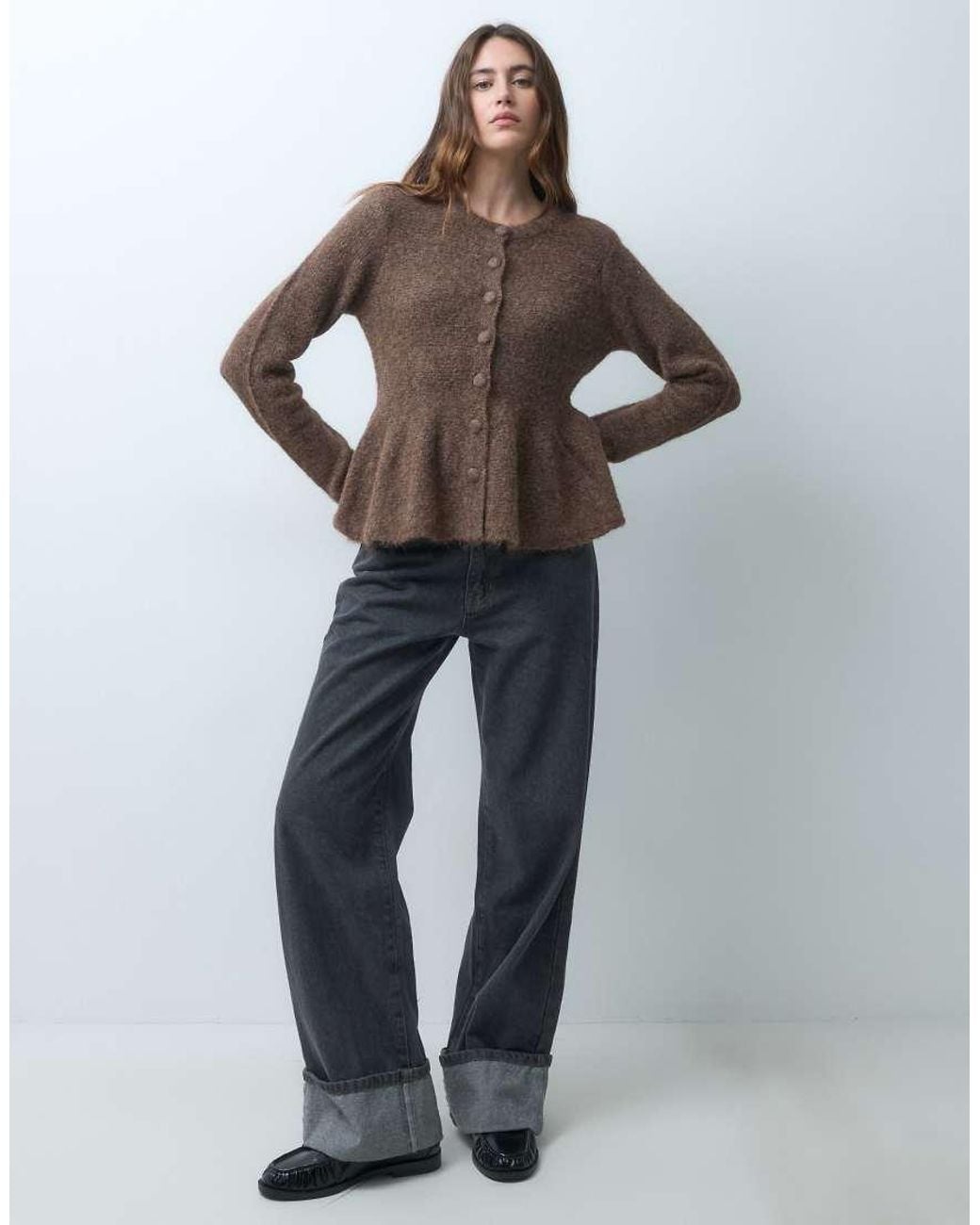 Object Brown Peplum Knitted Cardigan