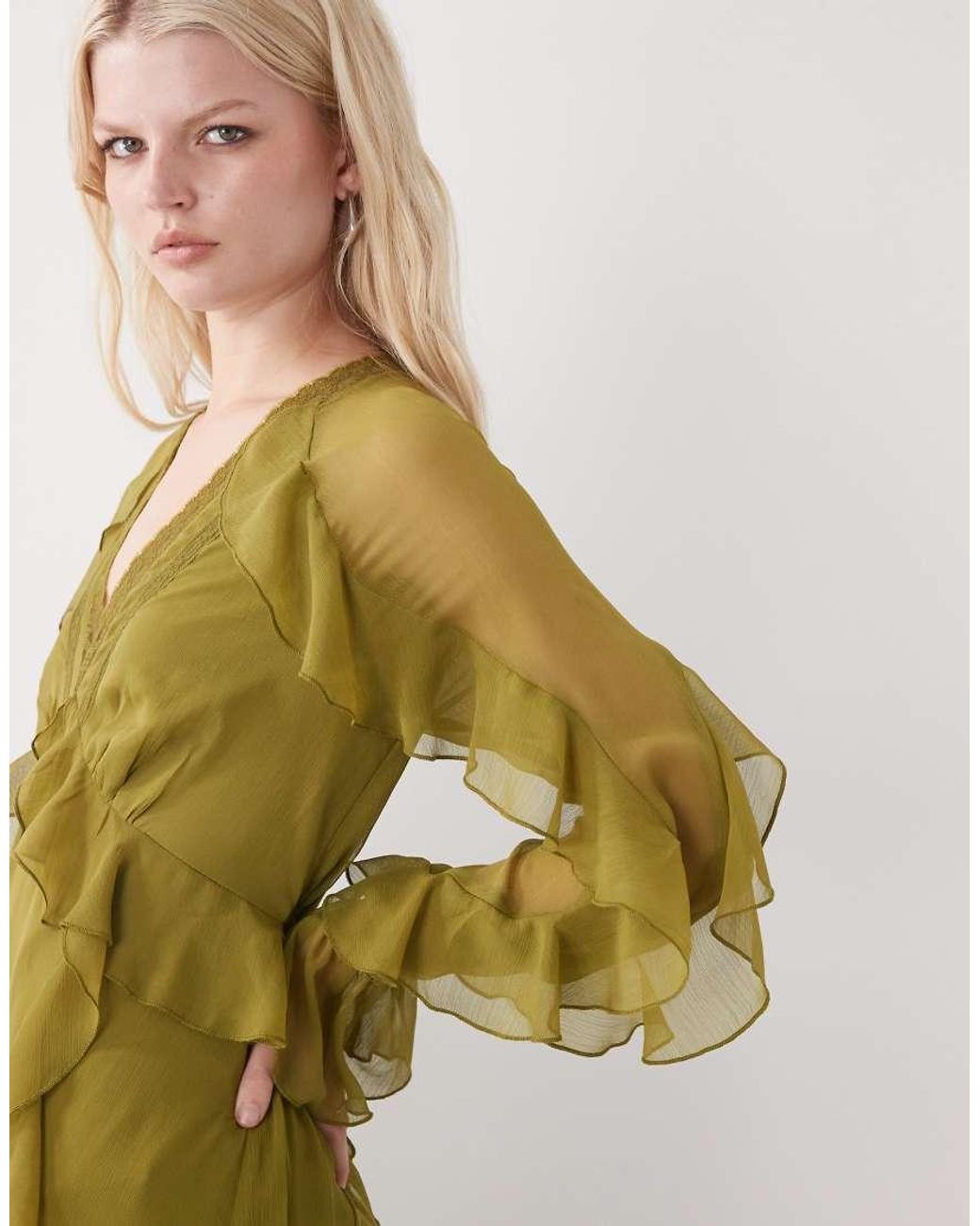 Reclaimed Vintage Green Maxi Ruffle Tea Dress