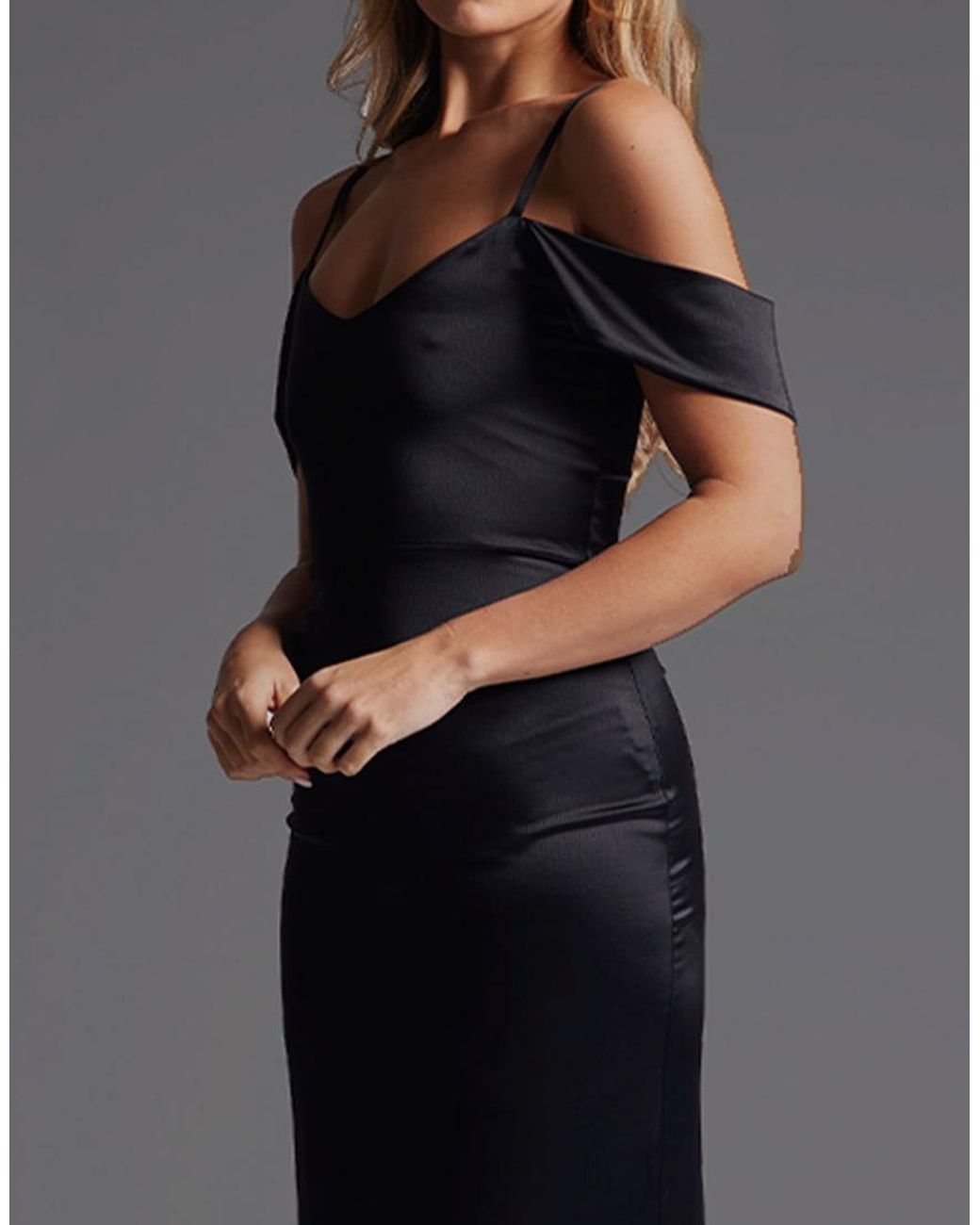 Vesper Black Bardot Satin Maxi Dress