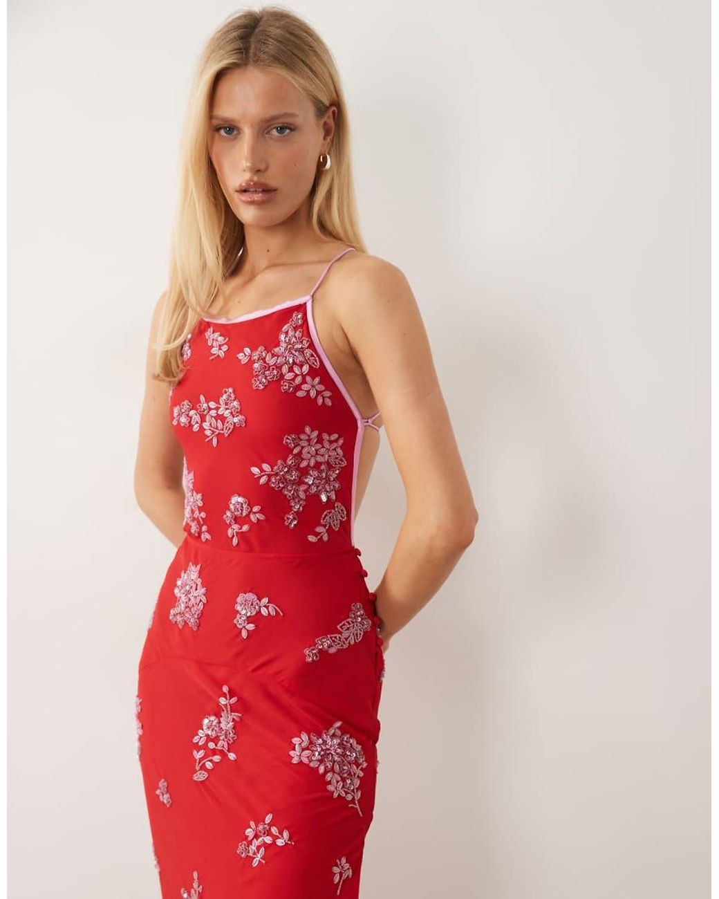 ASOS Red Ditsy Embellished Bias Semi Sheer Chiffon Maxi Dress With Open Back
