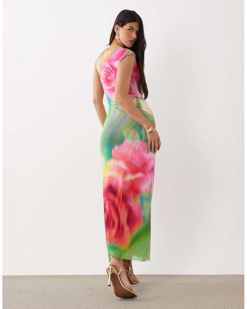 AFRM Pink Mylo Printed Mesh Cap Sleeve Maxi Dress