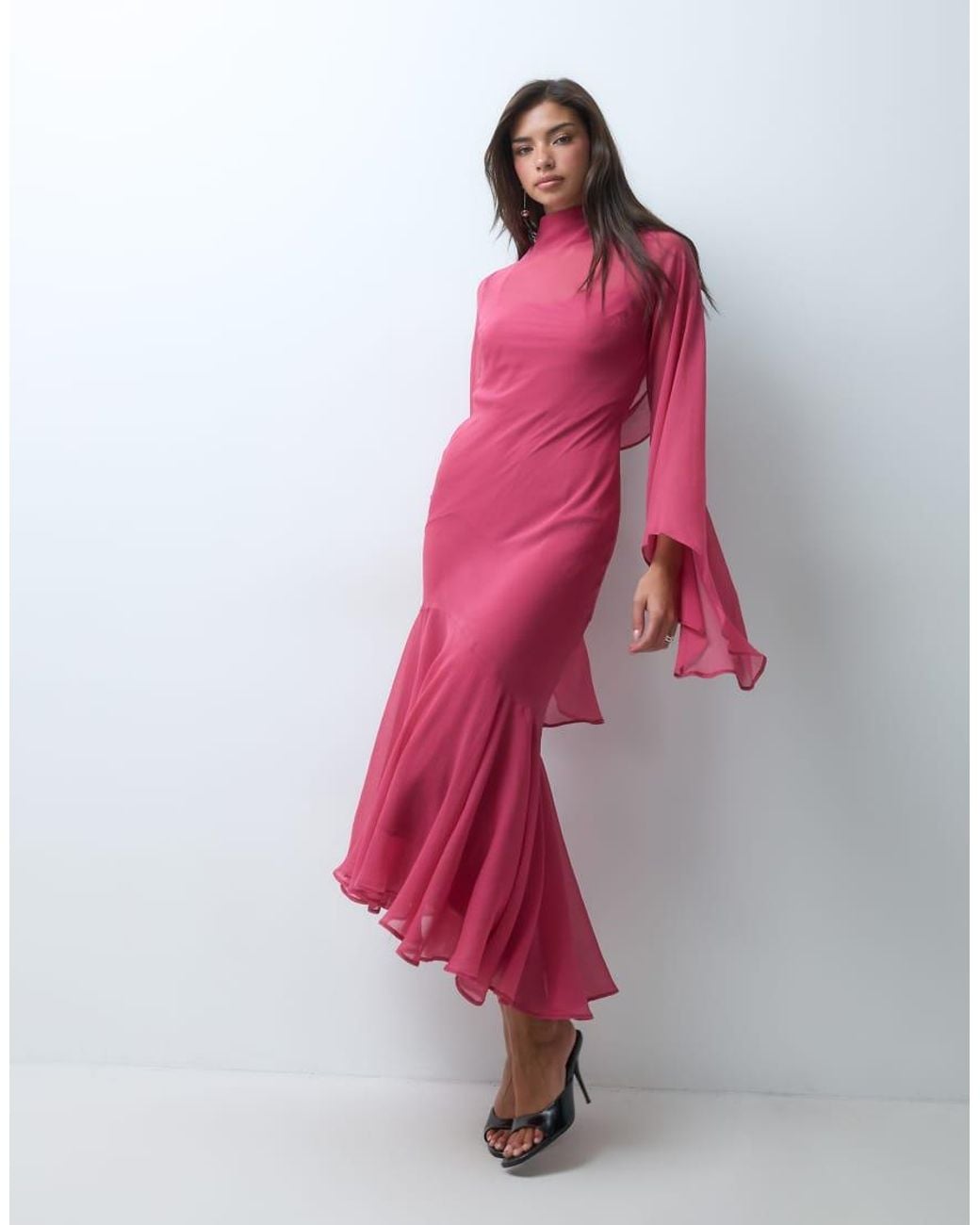 ASOS Pink Flute Sleeve Maxi Dress With Asymmetric Ruffle Hem