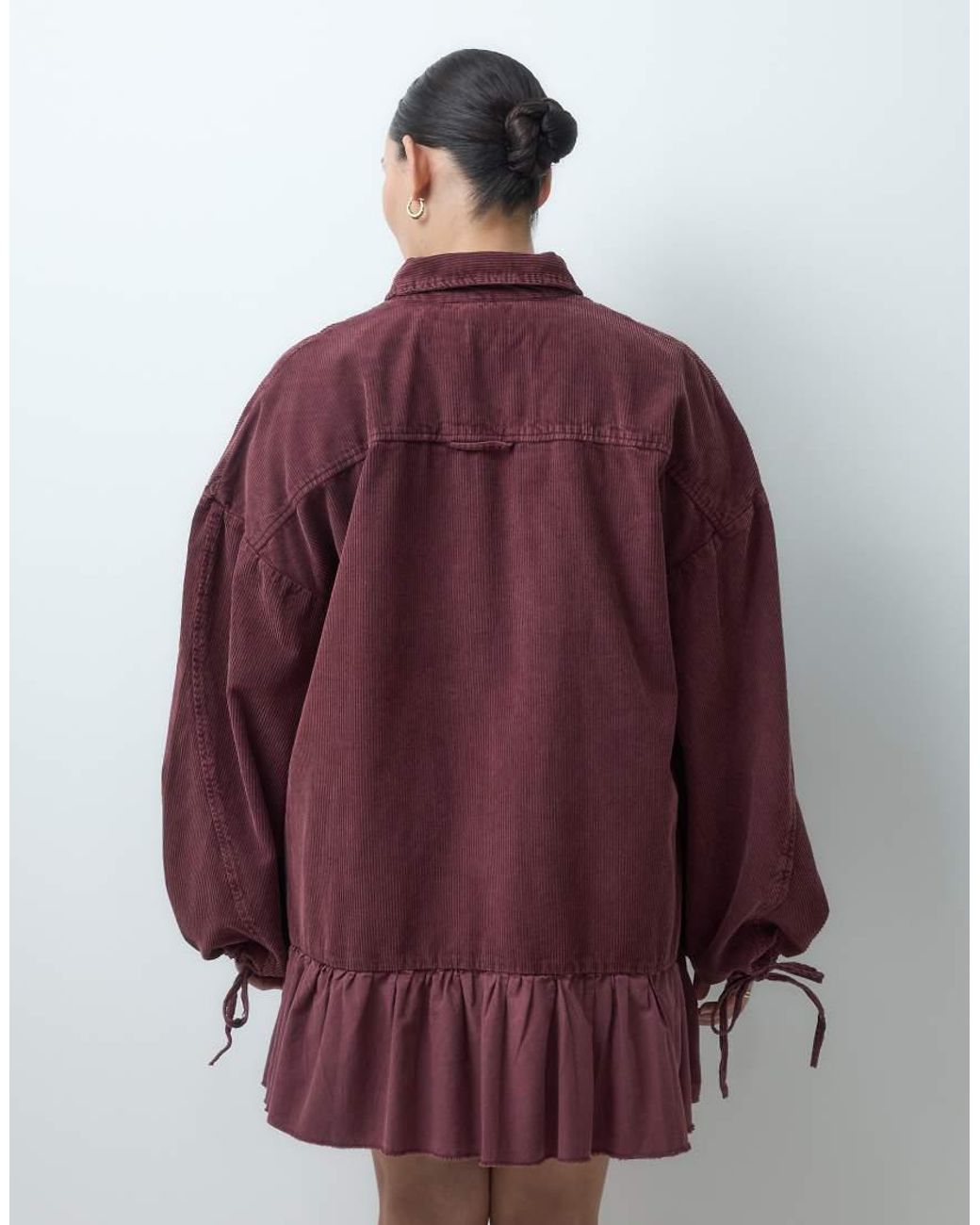ASOS Red Asos Design Curve Hybrid Cord Mini Shirt Dress With Balloon Sleeves And Voile Hem