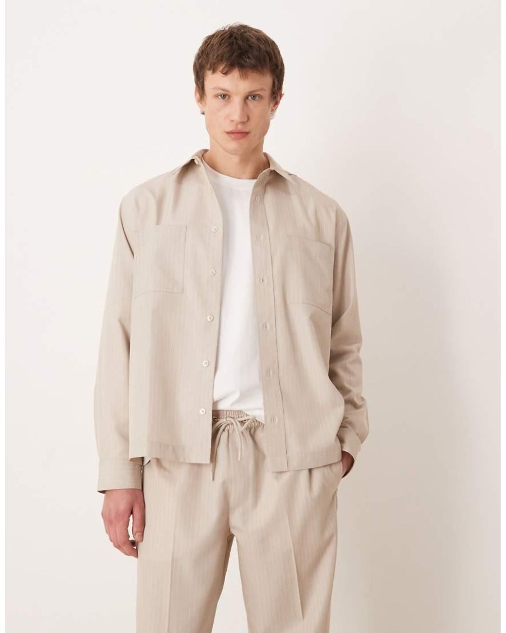 ASOS Natural Co-ord Smart Relaxed Stripe Shirt for men