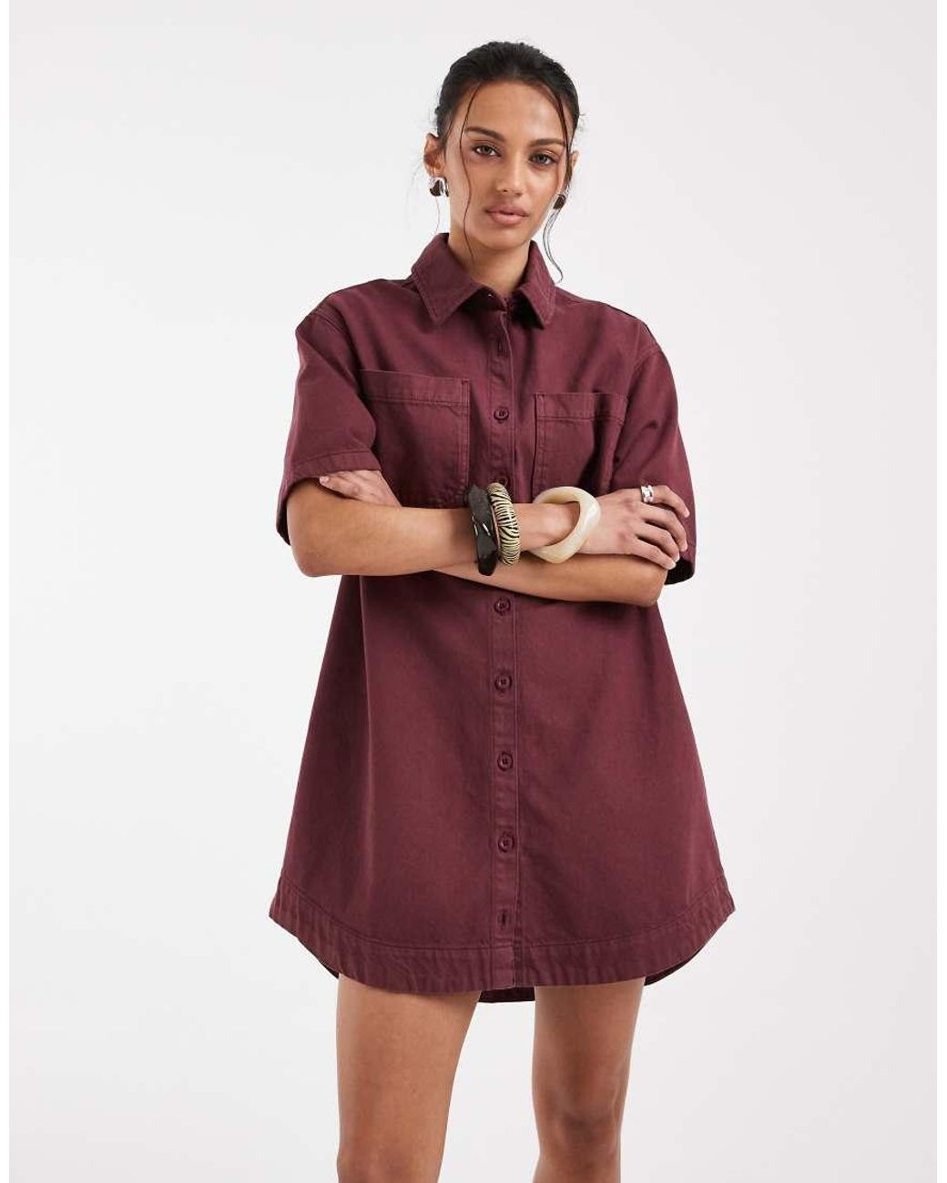 ASOS Red Denim Boxy Shirt Dress With Pocket Detail