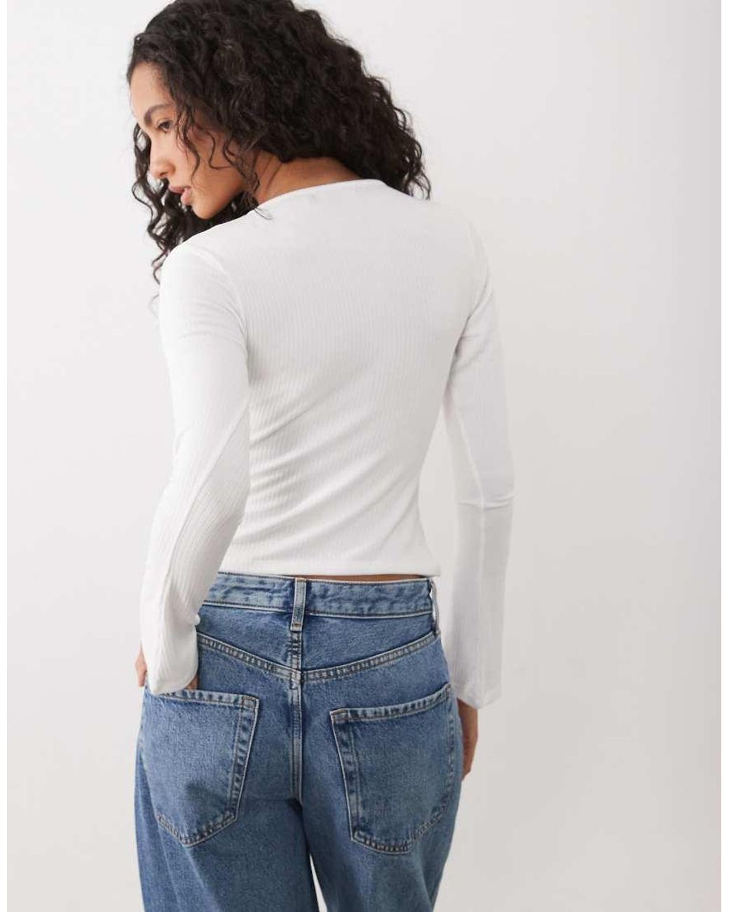 Motel White Emesy Thick Rib V Neck Long Sleeve Top