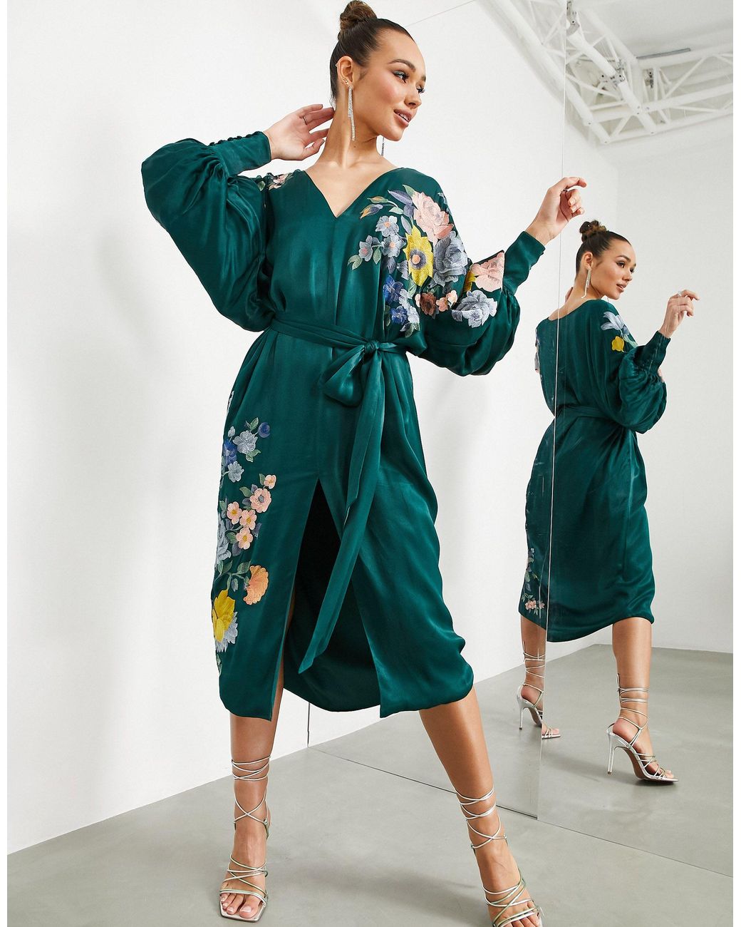 asos edition floral embroidered belted midi dress in green velvet