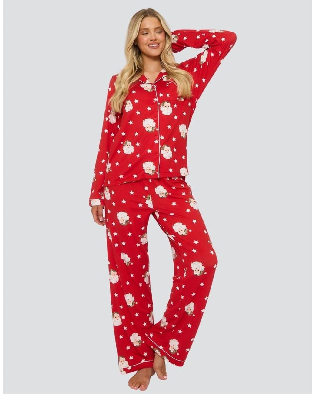 Loungeable Red Santa Button Shirt And Long Pant Pyjamas Set