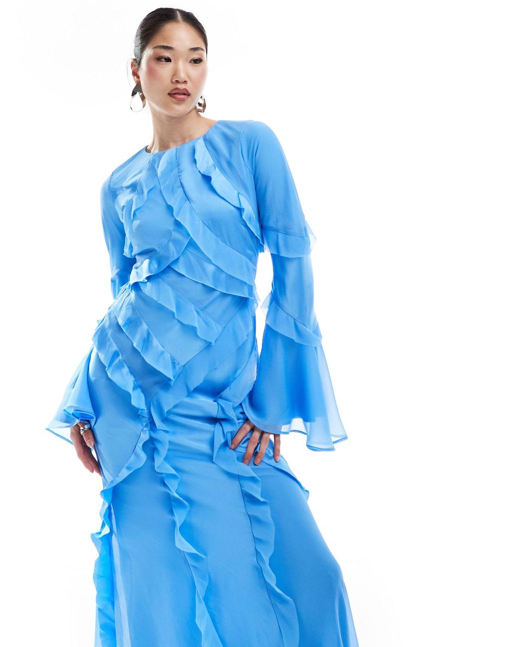 ruffle maxi dress long sleeve Long Sleeve Lace Ruffle Maxi Dress Nude
