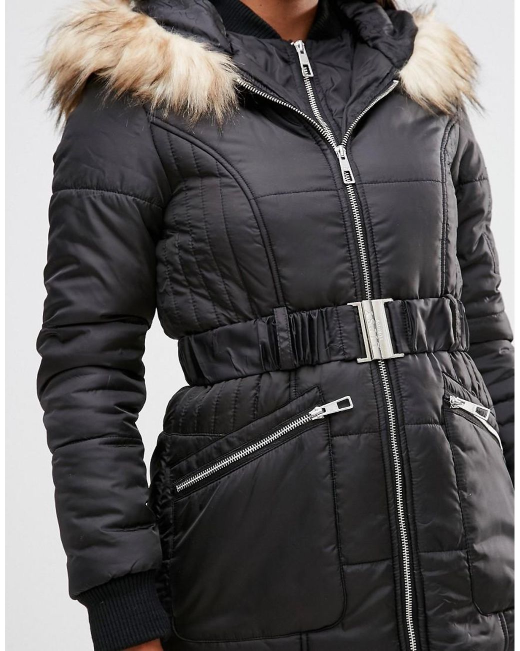 Lipsy Michelle Keegan Loves Quilted Coat With Faux Fur Hood in Black | Lyst  UK