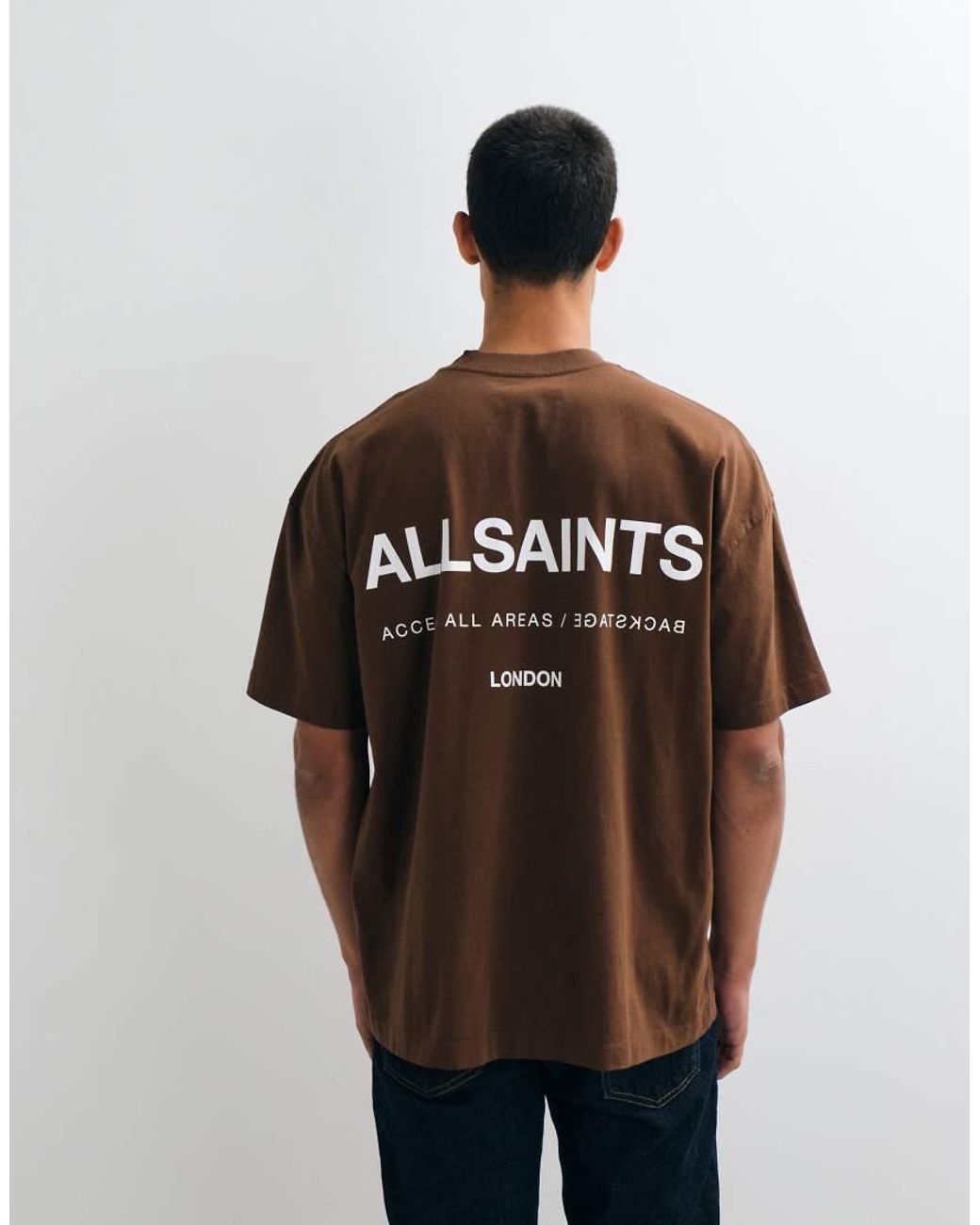 AllSaints Brown Backstage Short Sleeve Graphic Logo T-shirt With Back Print for men