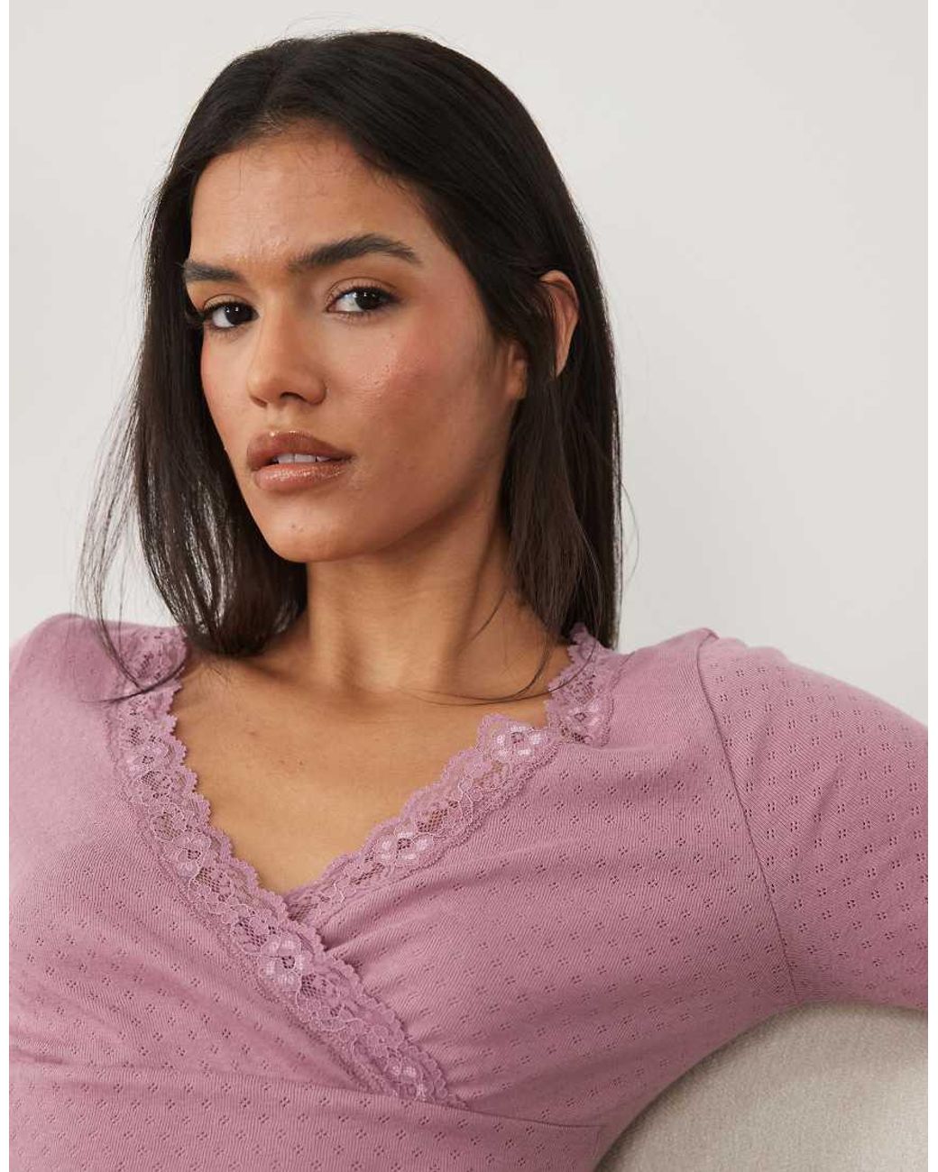 Miss Selfridge Red Wrap Pointelle Long Sleeve Top