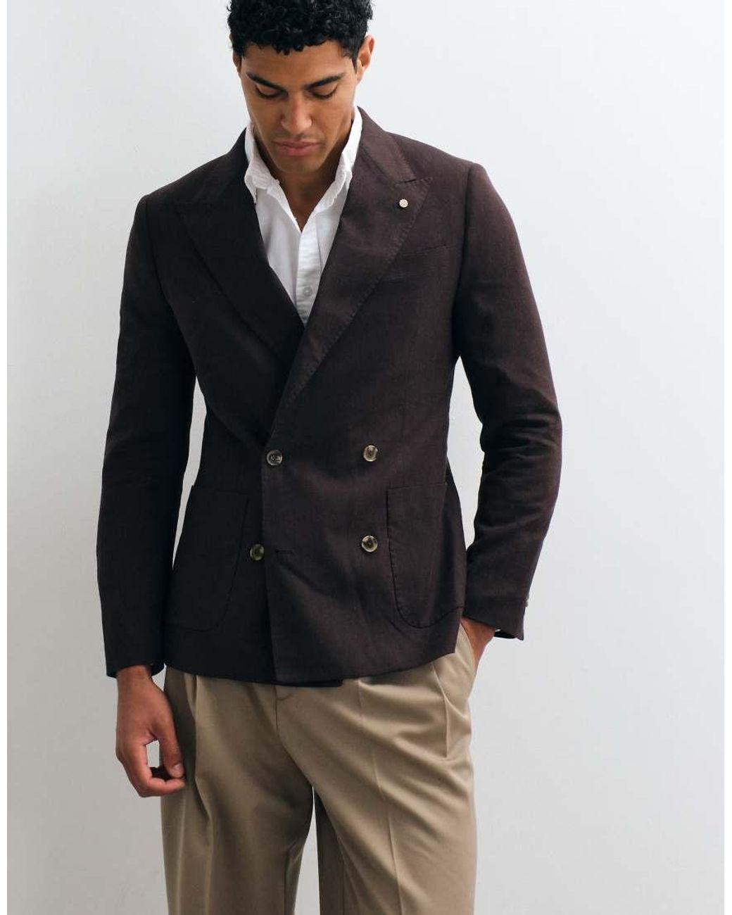 River Island Gray Double Breasted Linen Blend Suit Jacket for men