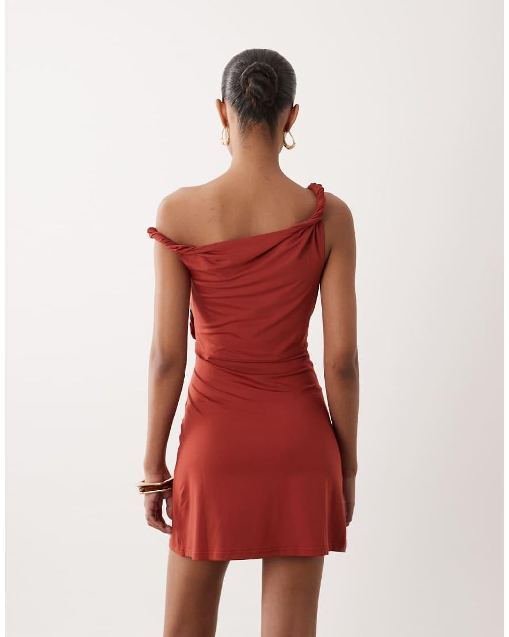 SNDY'S Red Twist Waist Detail Asymmetric Shoulder Mini Dress