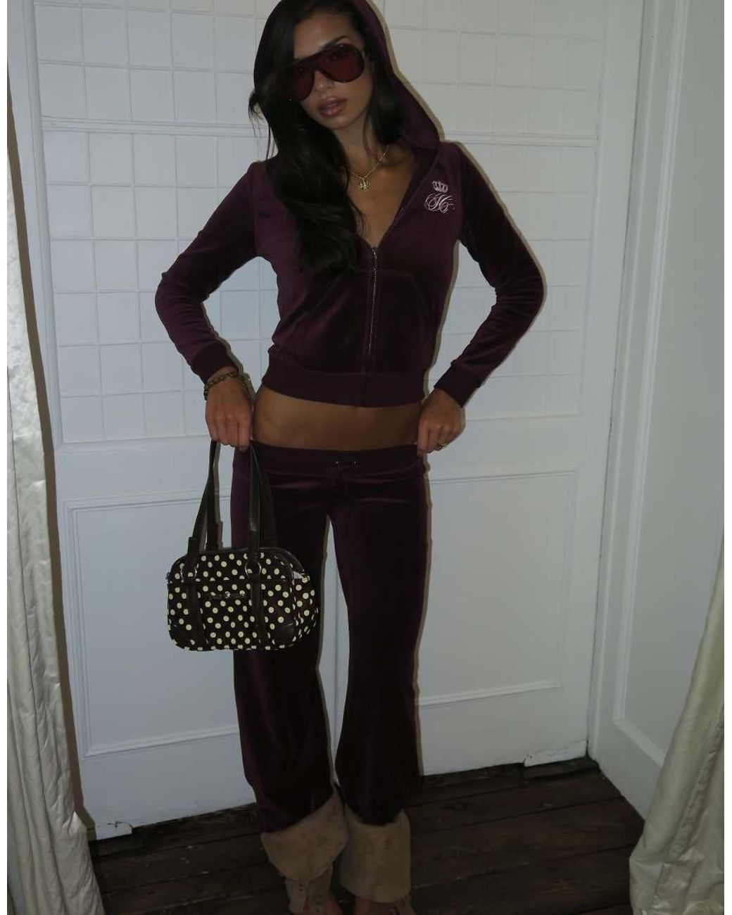 Juicy Couture Purple Robyn Script Logo Rebelle Velour Zip Up Hoodie Co-ord Wine