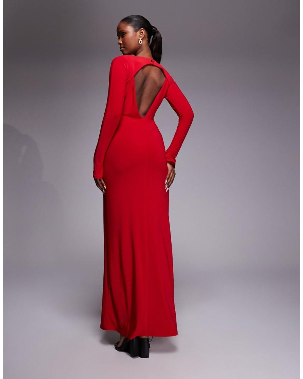 ASOS Red Plunge Neck Long Sleeve Maxi Dress With Ruching