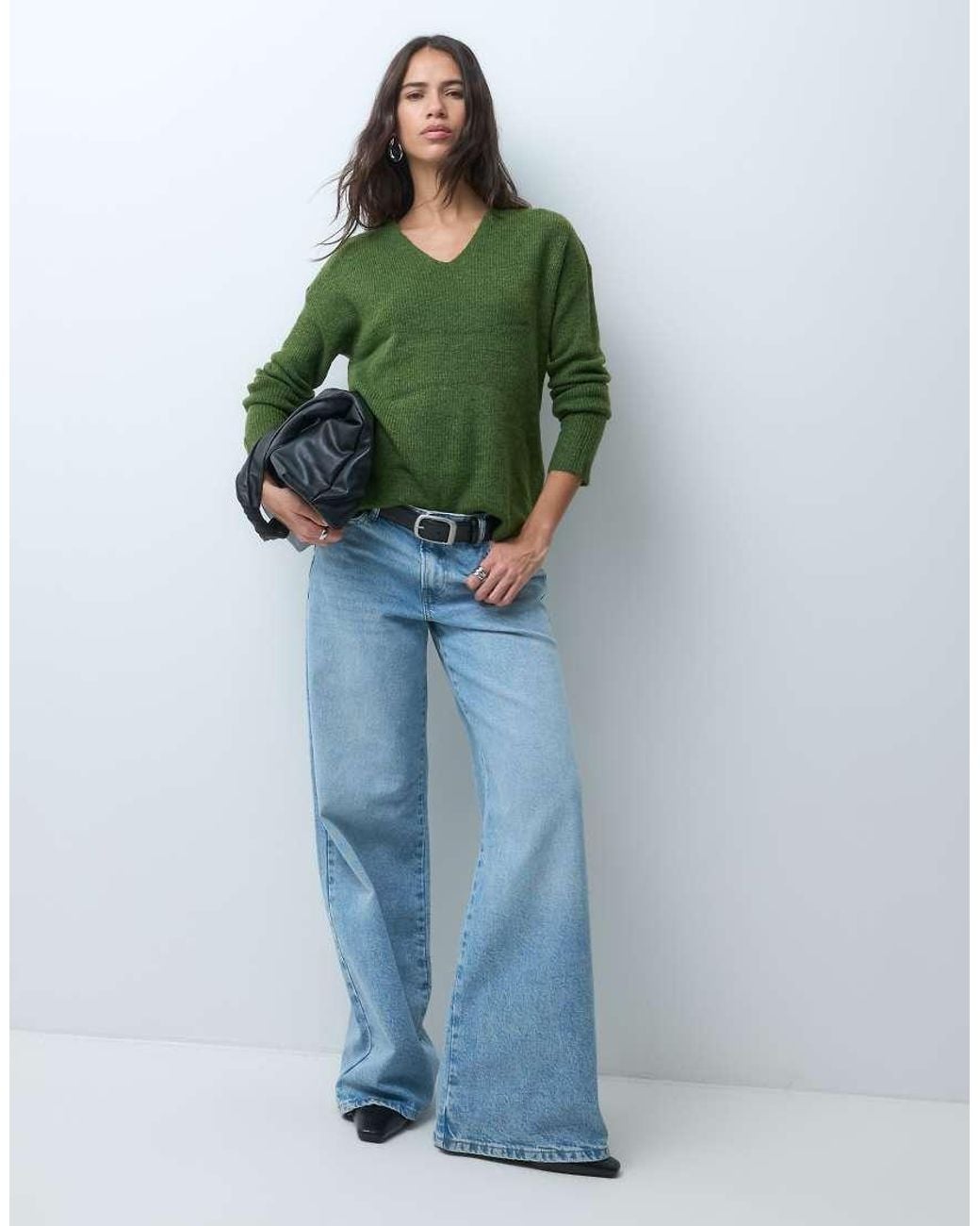 ONLY Green V Neck Long Sleeve Pullover Knit Jumper