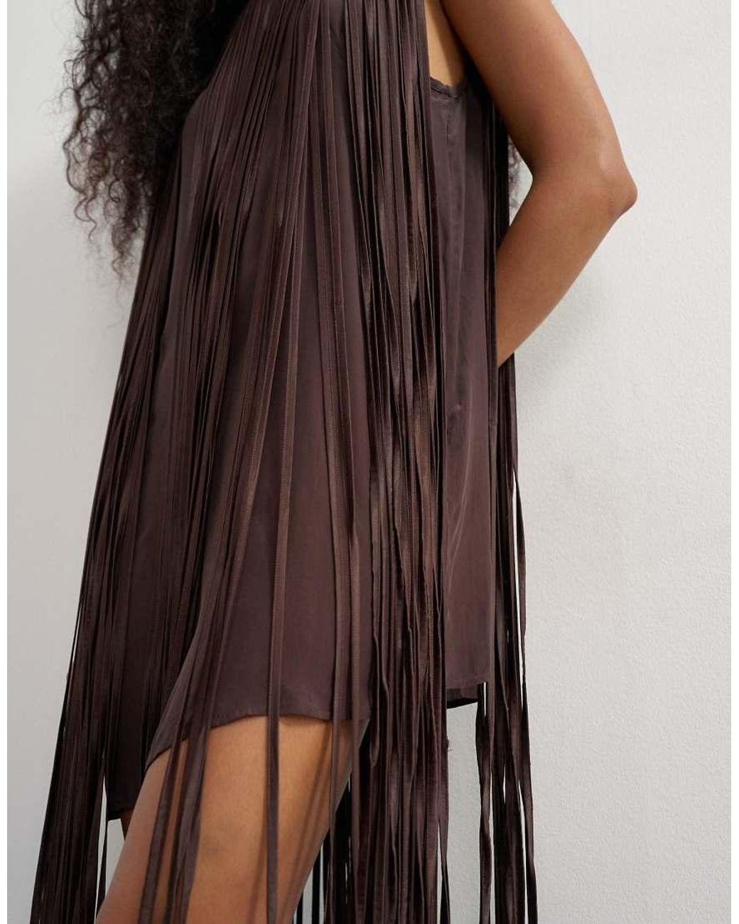 TOPSHOP Brown Premium Satin Fringed Maxi Dress