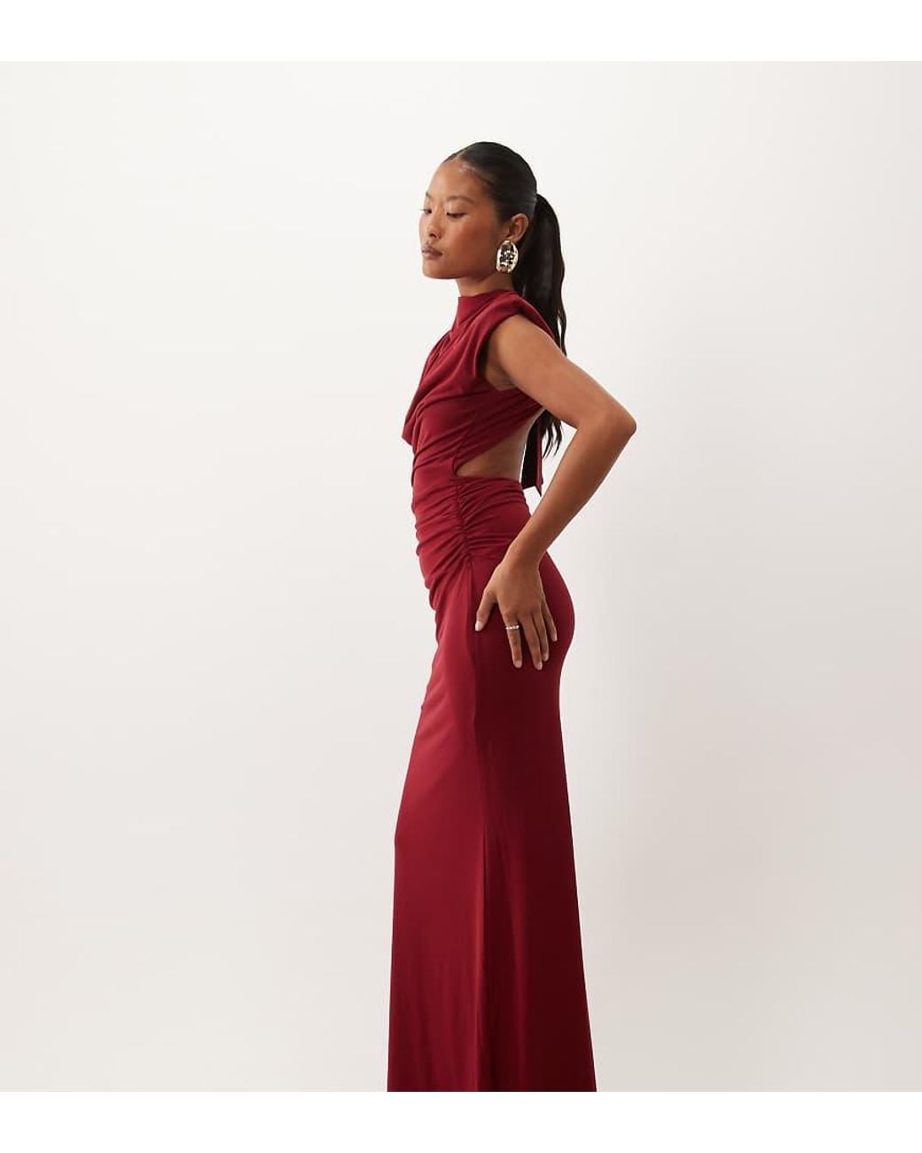 TFNC London Red Slinky Draped High Neck Shoulder Pad Open Back Maxi Dress