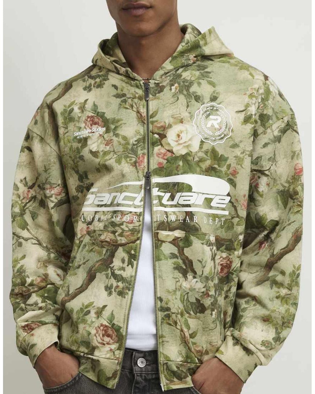 River Island Green Oversized Fit Camouflage Floral Hoodie for men