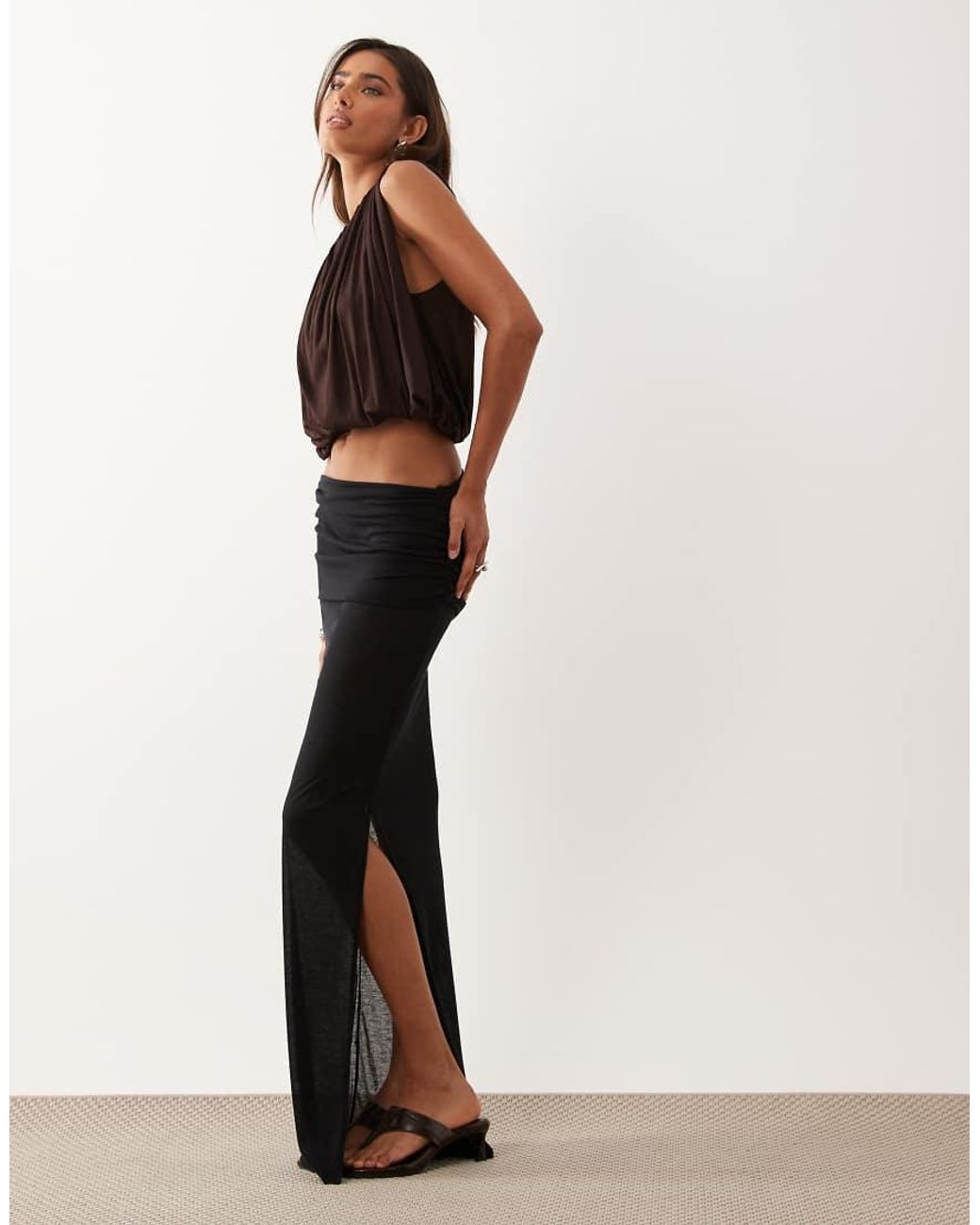 Oh Polly Natural Sheer Jesey Low Rise Draped Maxi Skirt