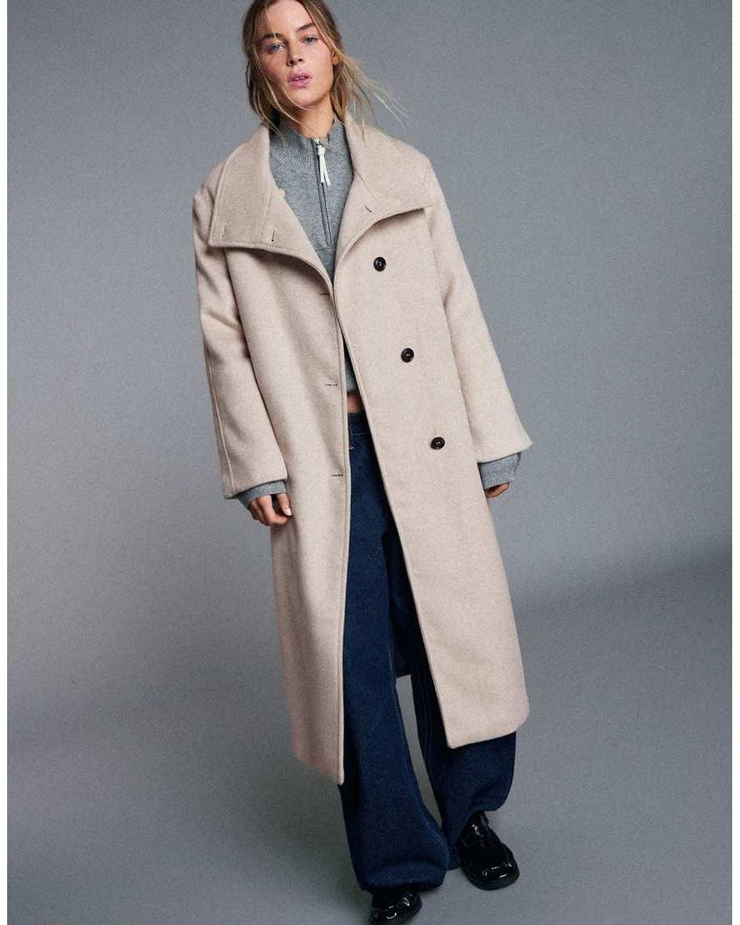 Bershka Gray Long Funnel Neck Coat With Belt