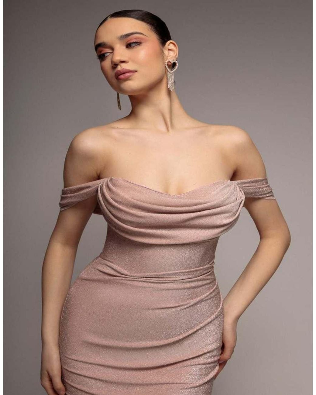 Goddiva Gray Sparkling Cowl Neck Off The Shoulder Midi Dress