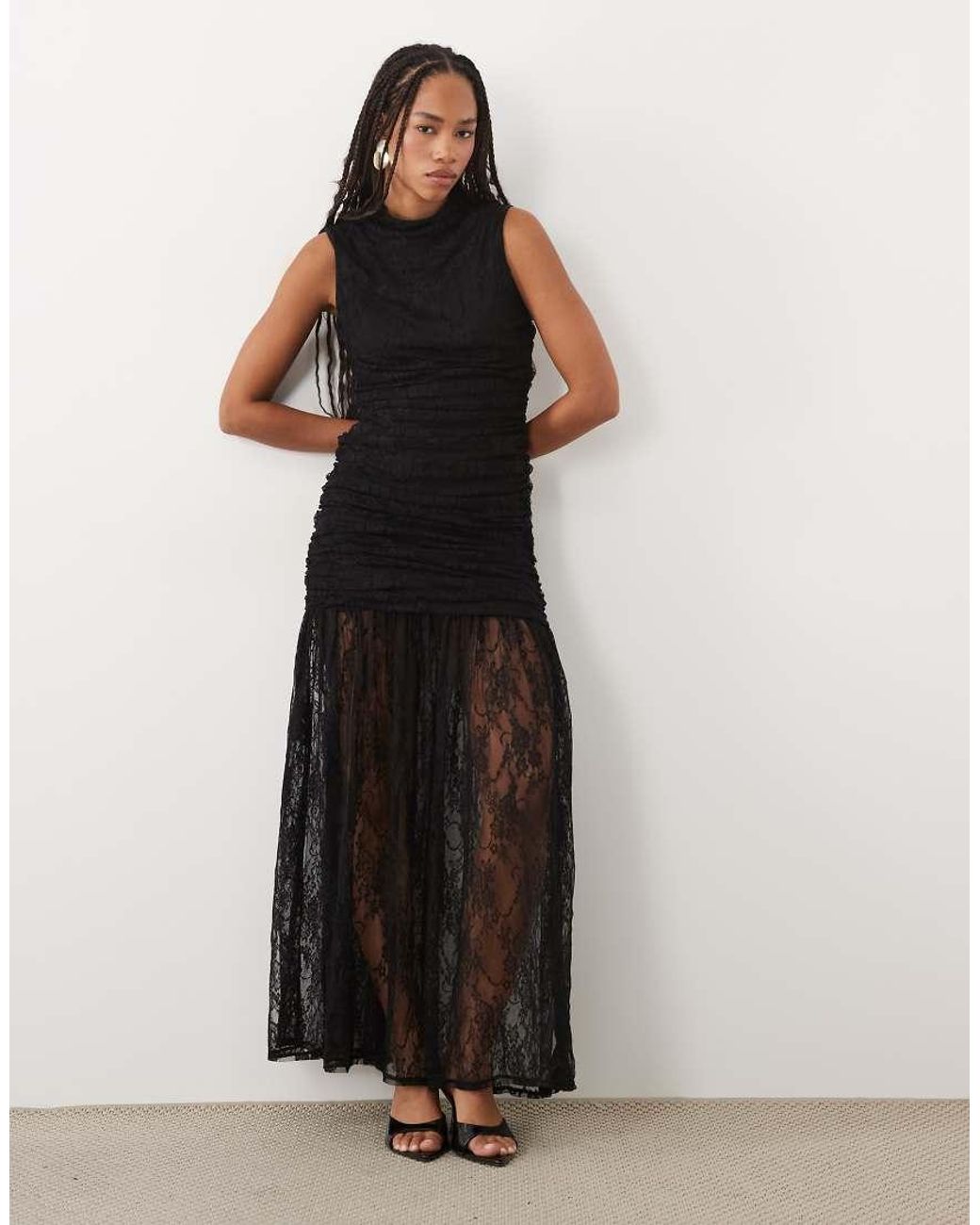 ASOS Black Lace Drop Waist Circle Maxi Dress With Grown