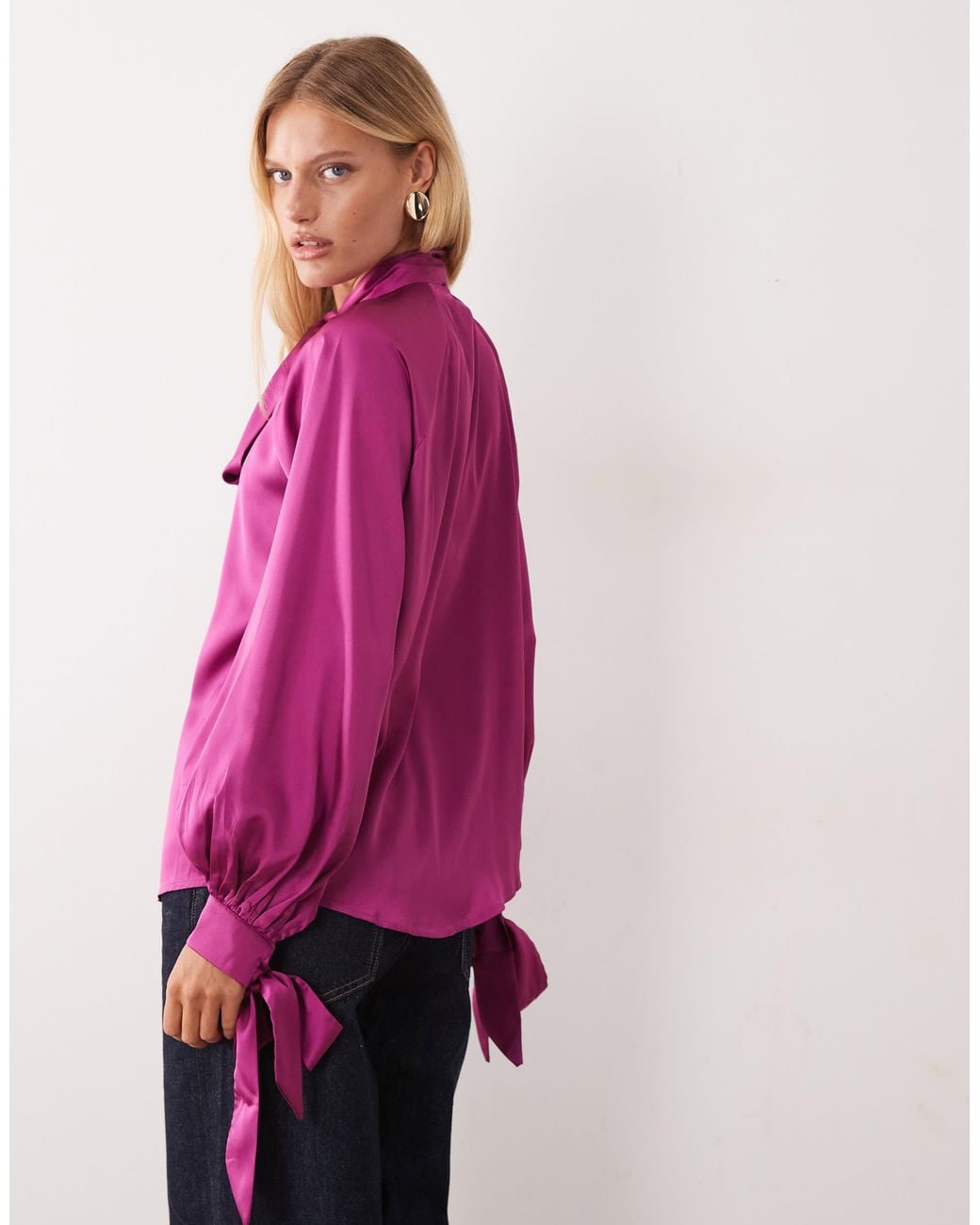 ASOS Pink Satin Tie Neck Button Down Blouse