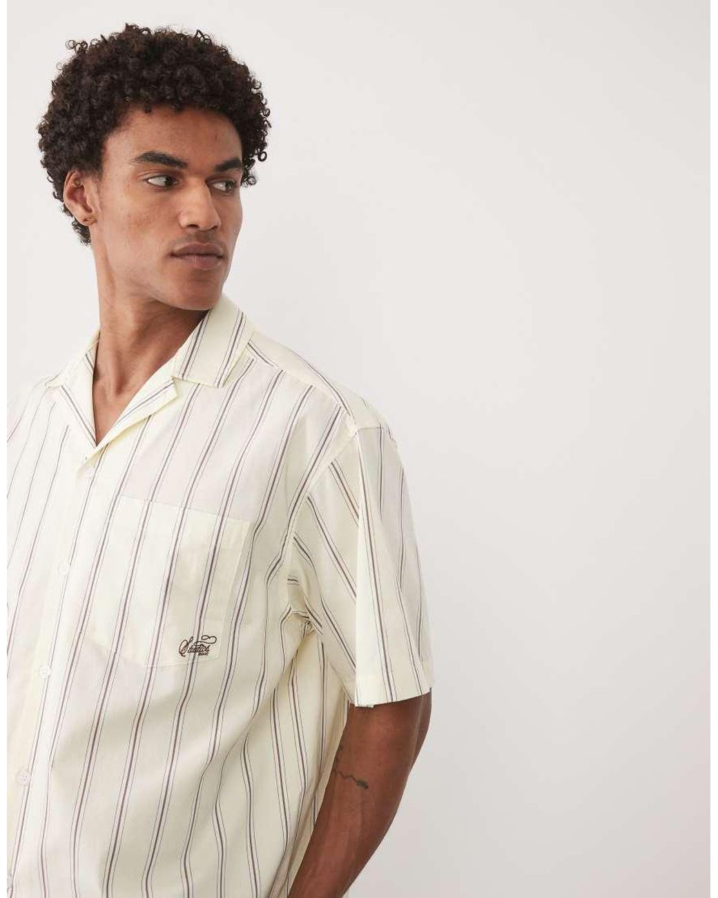ASOS Natural Boxy Oversized Stripe Poplin Revere Shirt With Embroidery for men