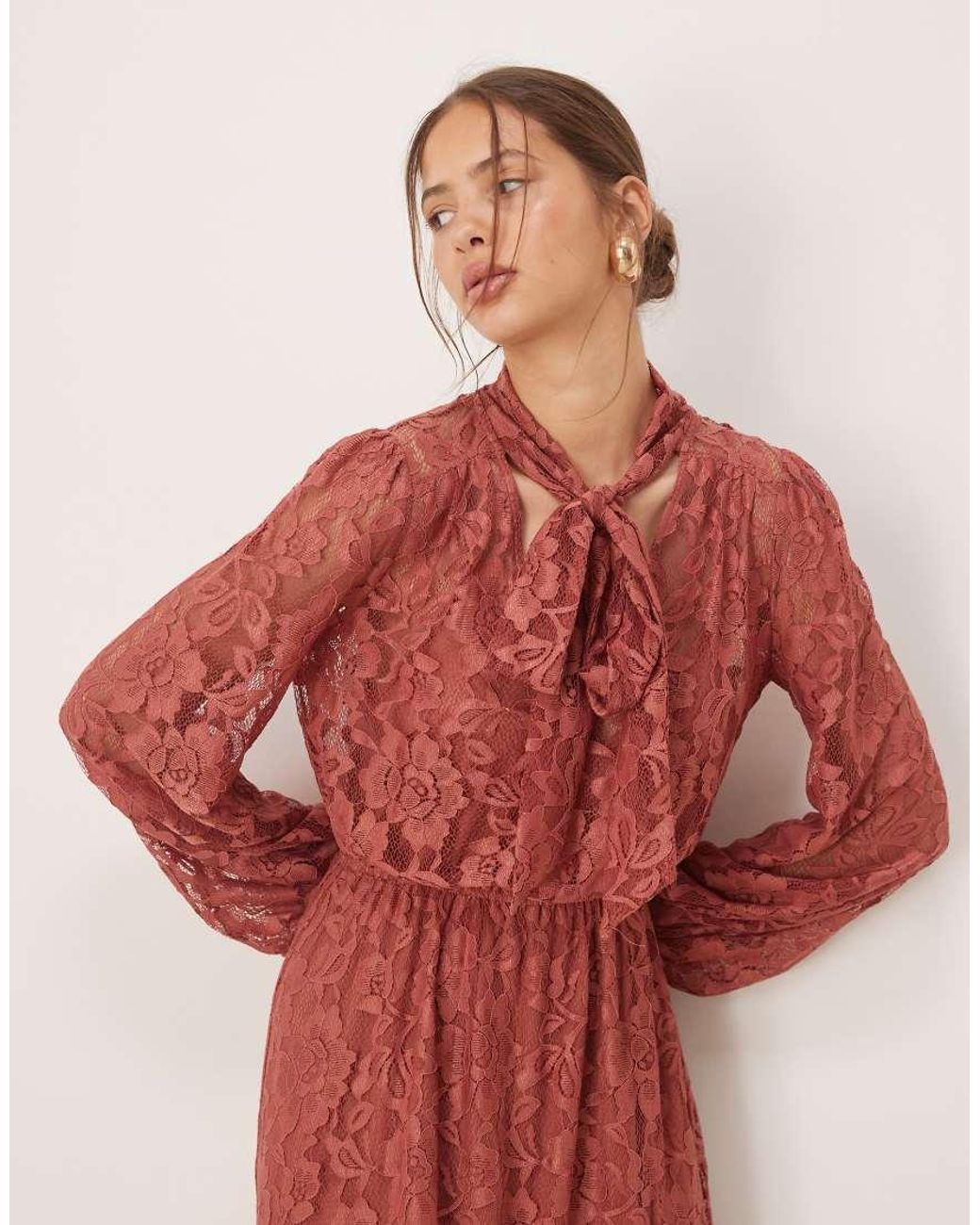 Maya Red Tie Neck Long Sleeve Lace Maxi Dress